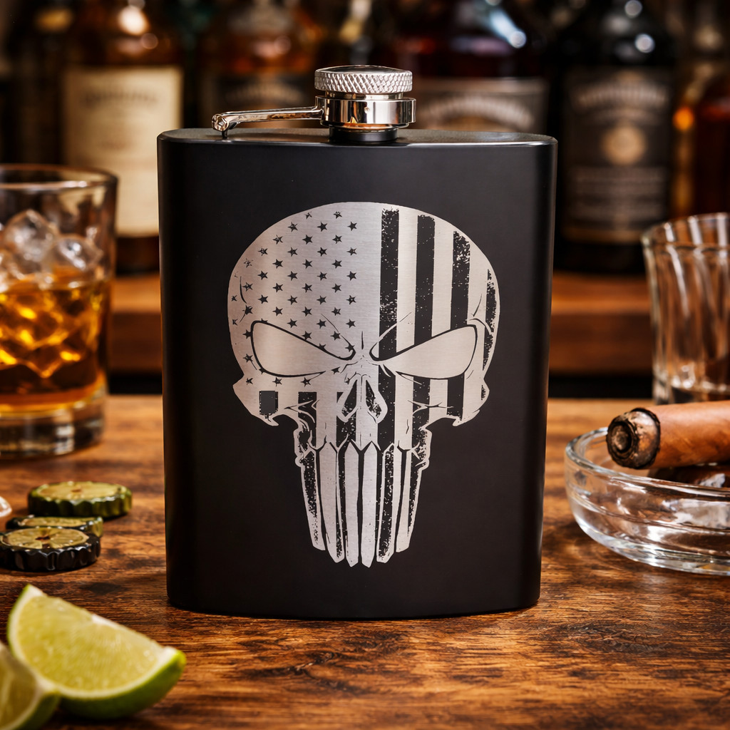 Matte Black 8 oz. Stainless Steel Hip Pocket Flask – Punisher Skull US Flag