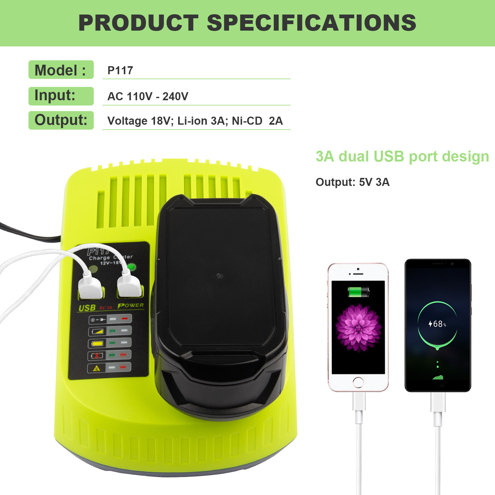 P117 For RYOBI P108 18V High Capacity P107 P103 18V Ni-Mh Li-ion Battery Charger