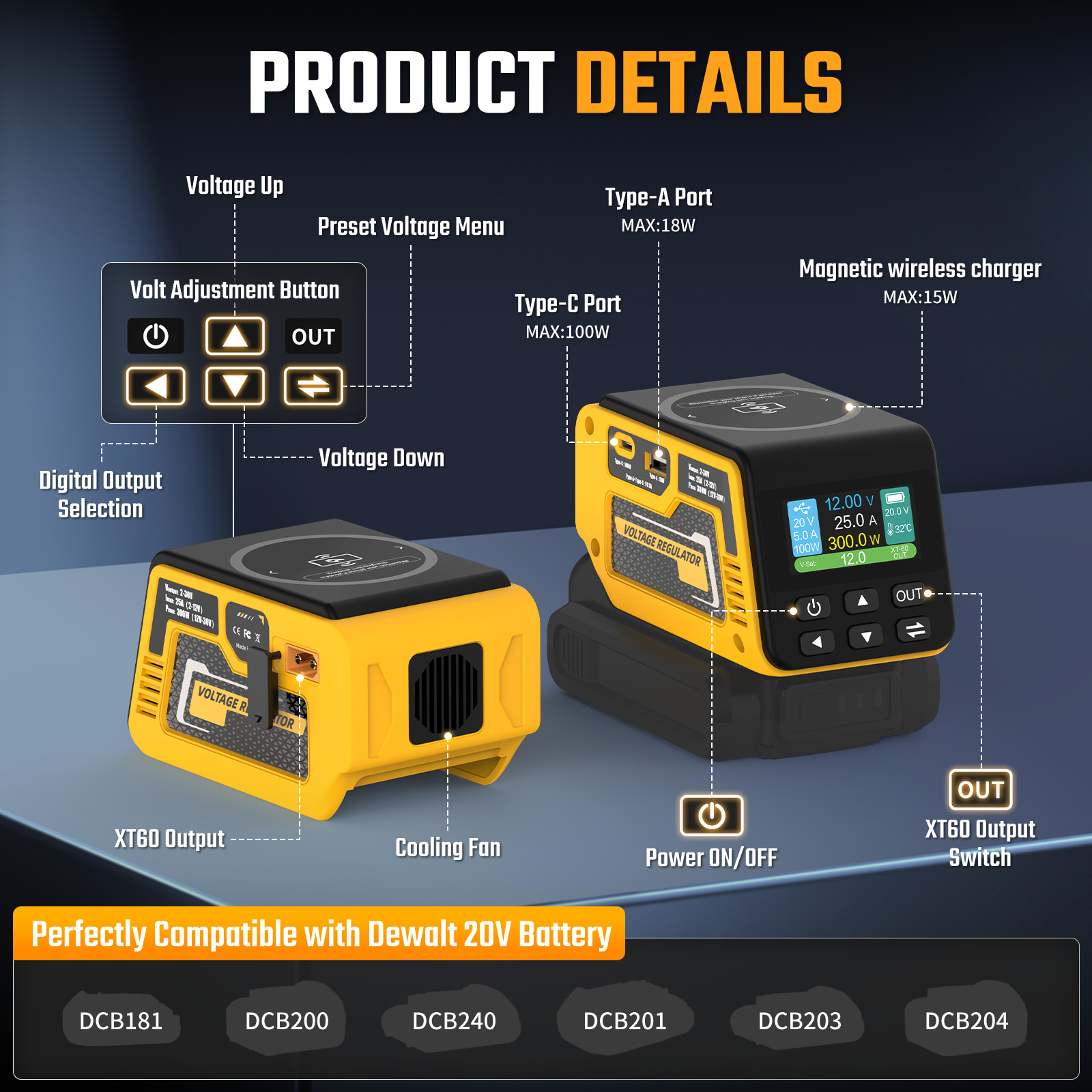 300W power Regulator Compatible with Dewalt 20V Battery,2-30V DC Adjustable