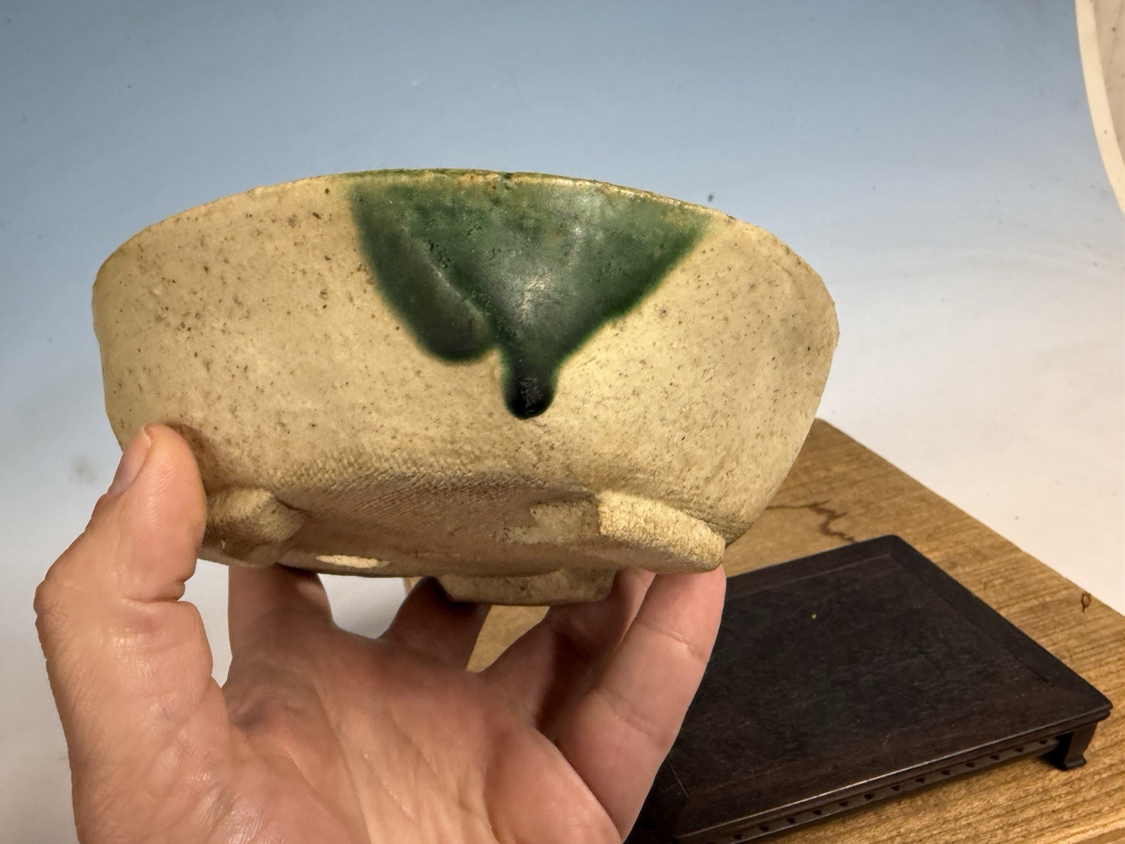 Japanese Unknown Maker Shohin Bonsai Tree Pot 6 1/4 By 1 7/8” Cream And Green