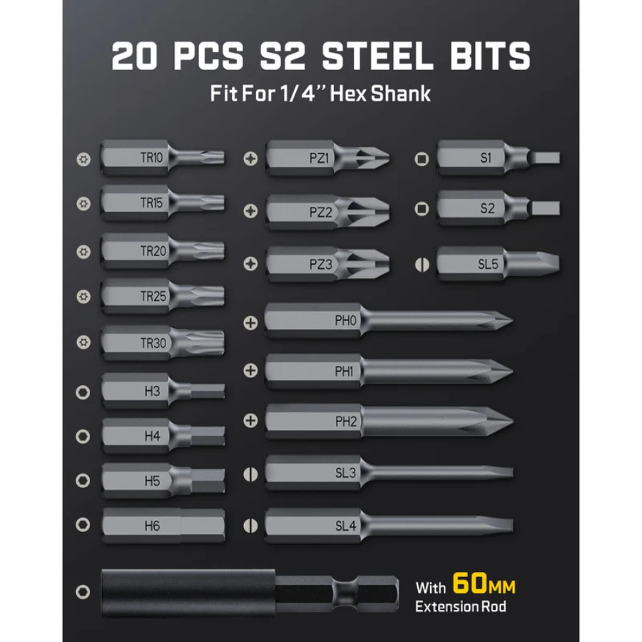 Fanttik S2 Pro Cordless Electric Screwdriver 7 Torque Settings, 20 Magnetic Bits