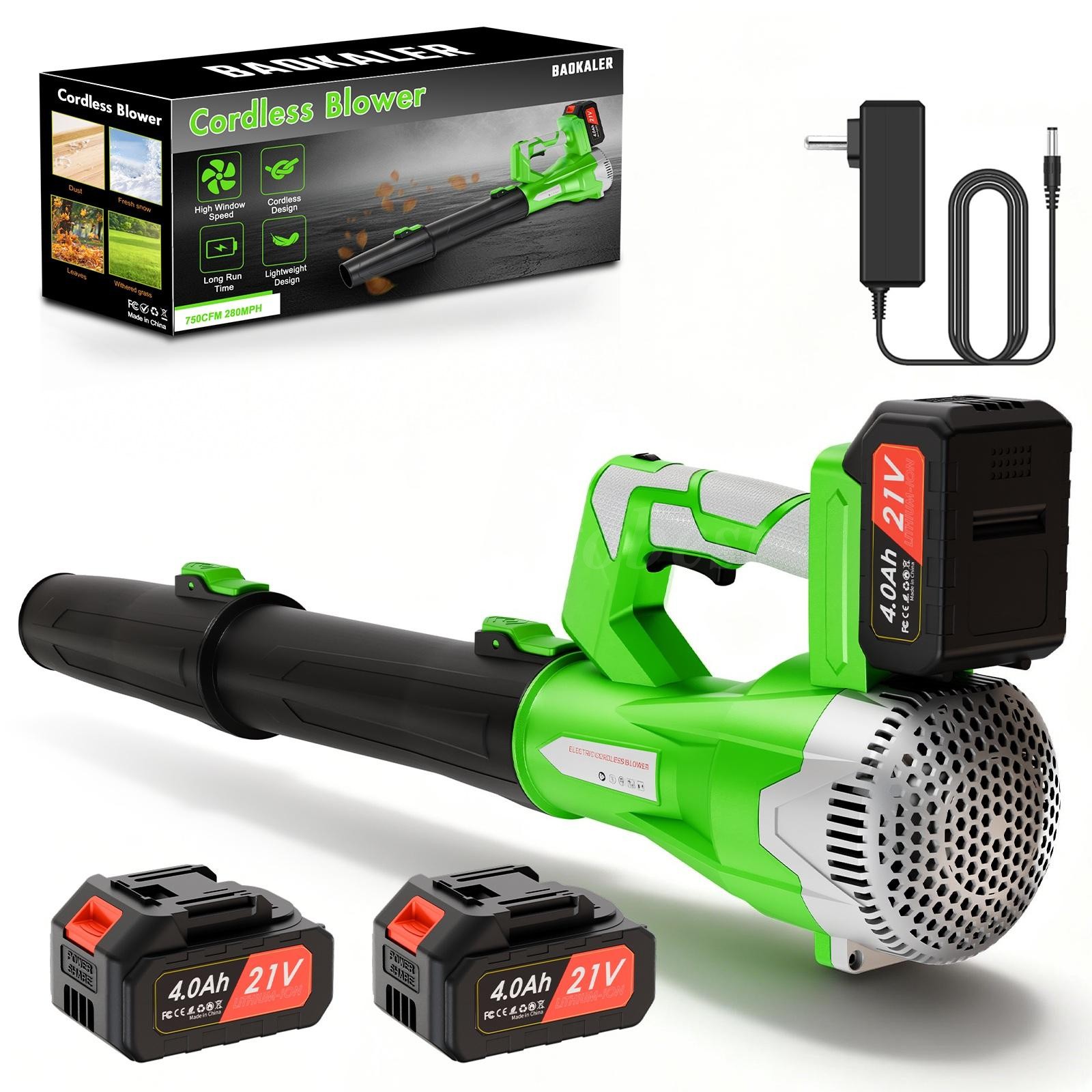 21V 650CFM Leaf Blower 650W 6-Speed Two 4Ah Batteries Garage Yard Snow Clearing