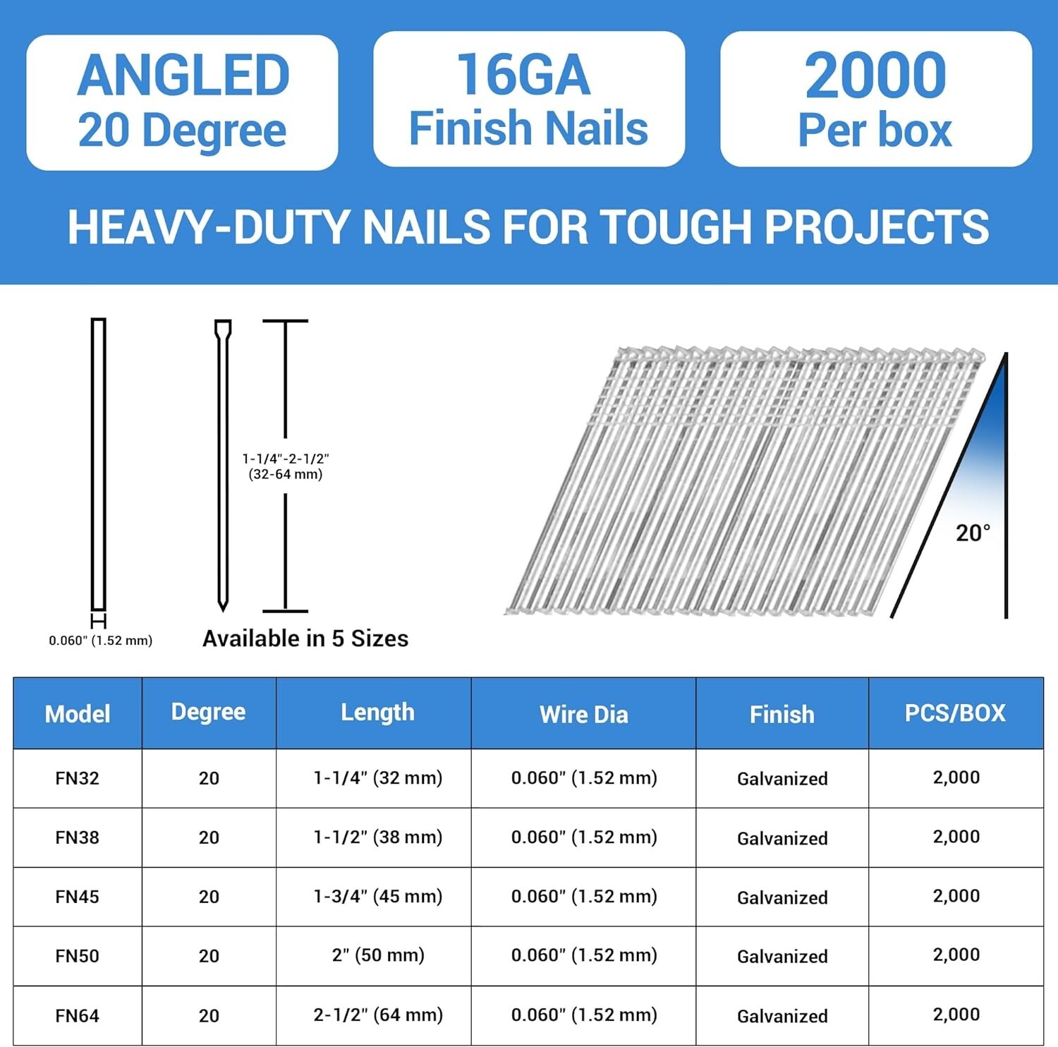 meite 16 Gauge 20 Degree Angled Finish Nails Galvanized 2″ Length Bluk Case