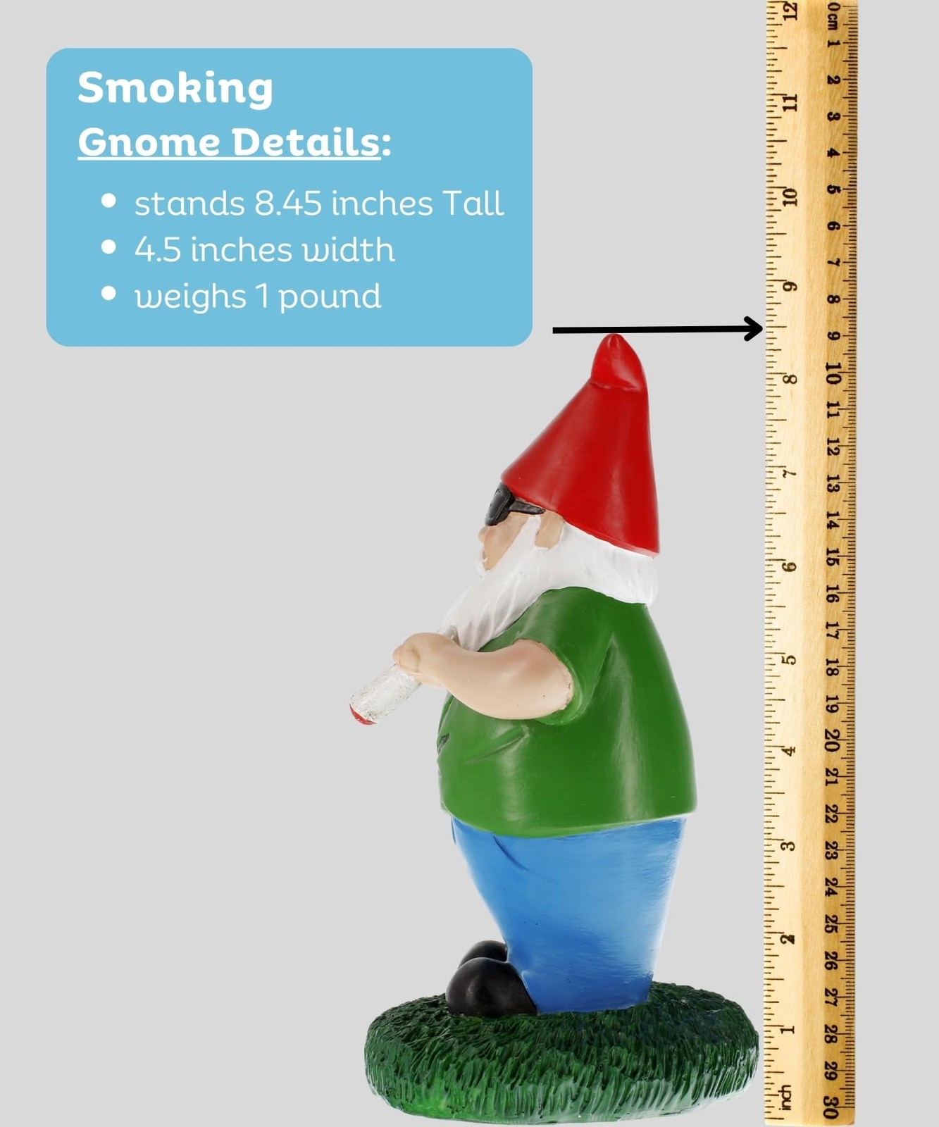Gnometastic Hippie Smoking Gnome, 8.5in, Funny Garden 8.5in Tall, Green