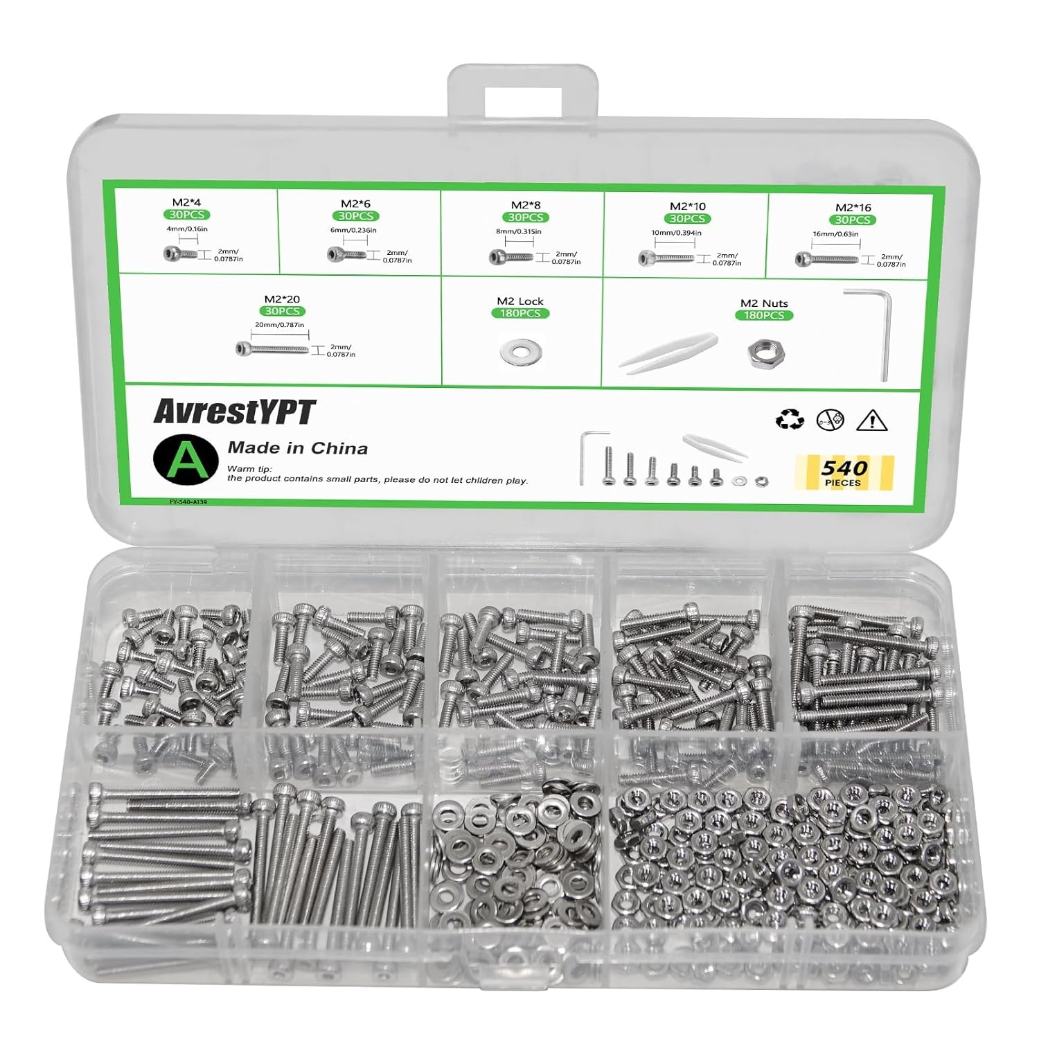 M2 Hex Flat/Socket/Button Head Screw Bolts Nuts Washers Assortment kit(4-25 mm)
