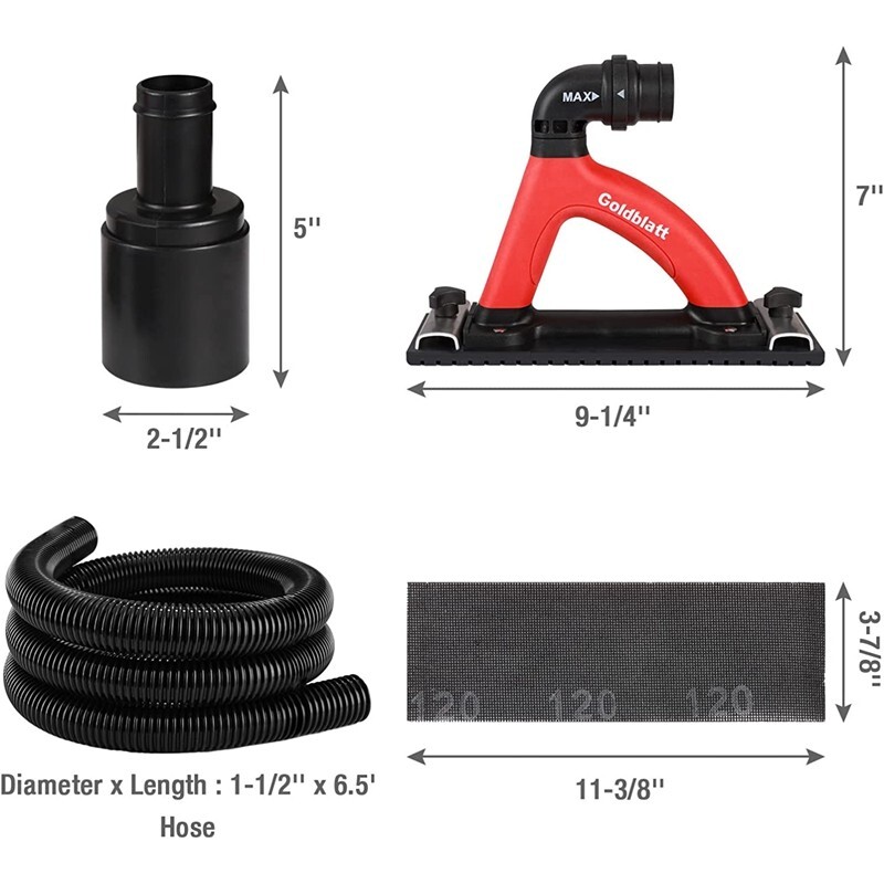 Goldblatt Hand Sander Set Dustless Drywall Vacuum Sander 6.5ft Hose Sanding Pads