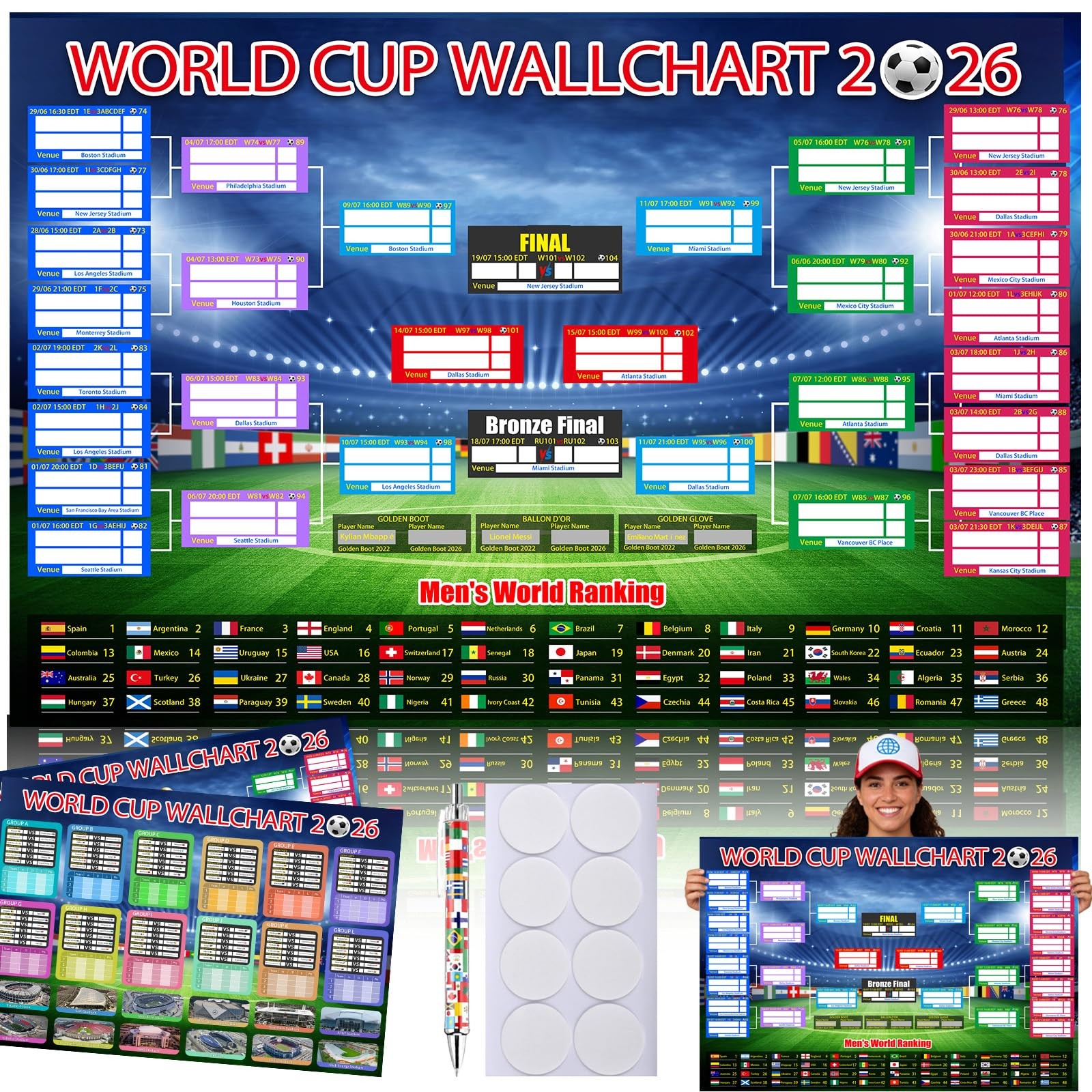 World Cup Poster 2026 Schedule Wall Chart Soccer Decor