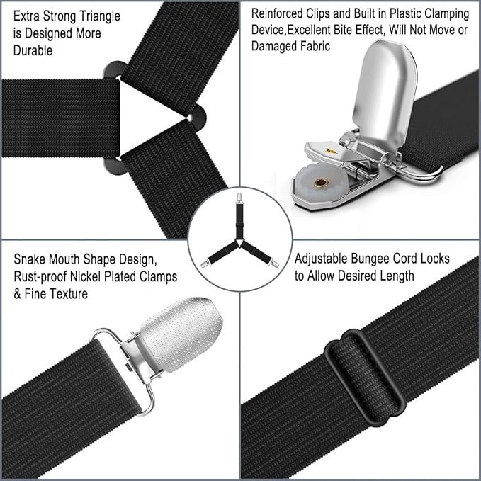 4Bed Sheet Fasteners Adjustable Elastic Suspenders Straps Mattress Covers Clips.