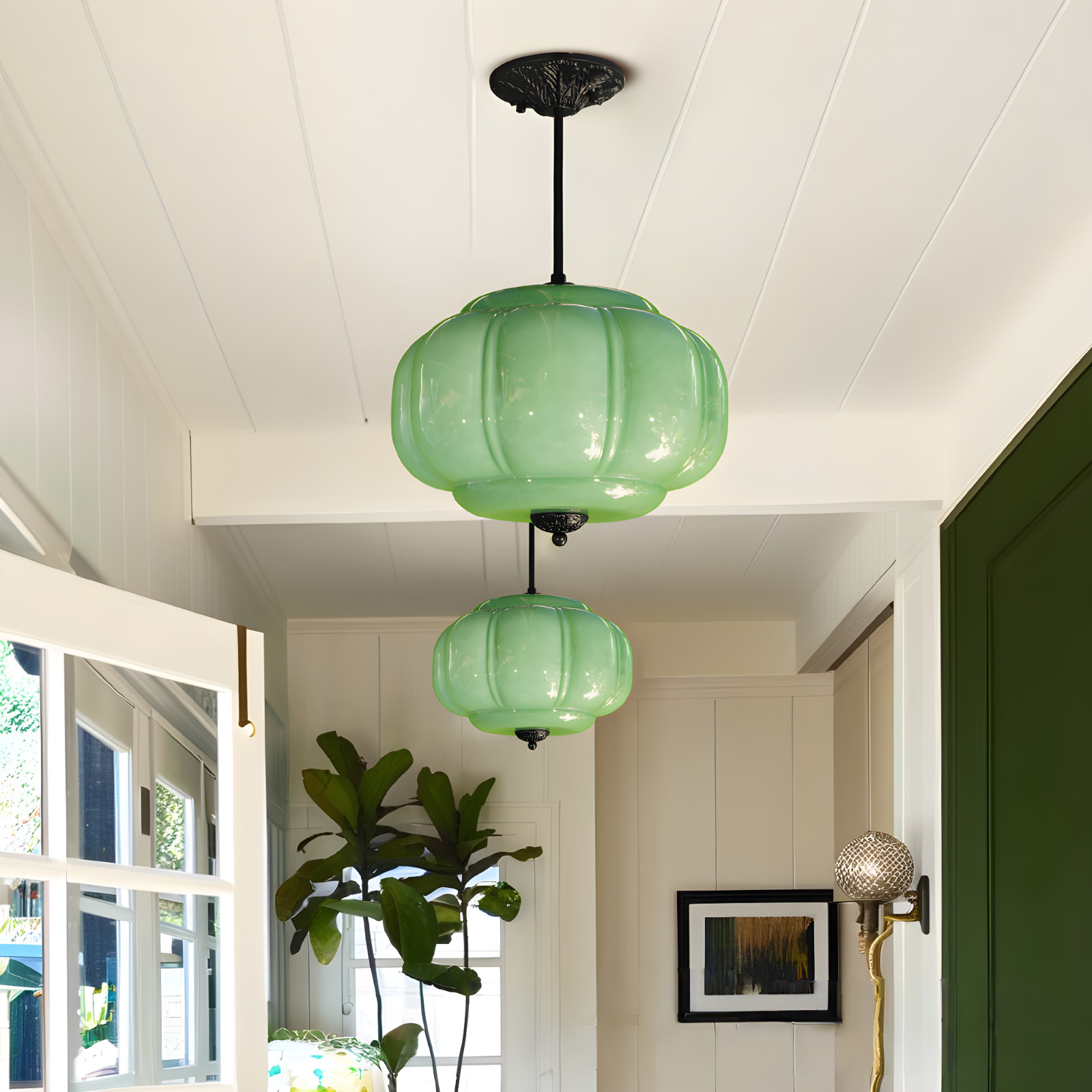 14’Simple Green Pumpkin Shaped Pendant Light,Living Room/dining Room Glass Light