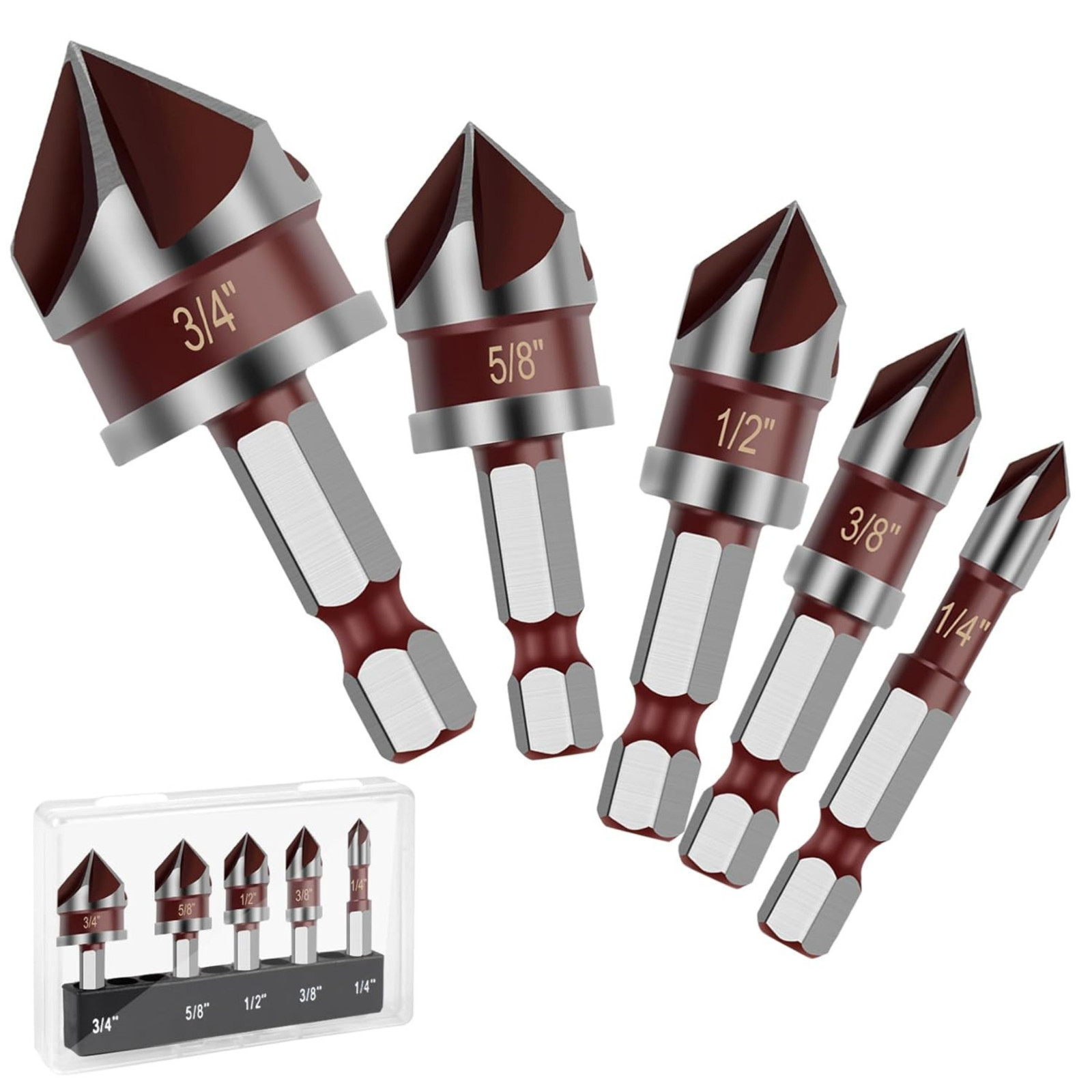 5pcs HSS Countersink Drill Bit 82° 1/4″-3/4″ with 1/4″ Hex Shank