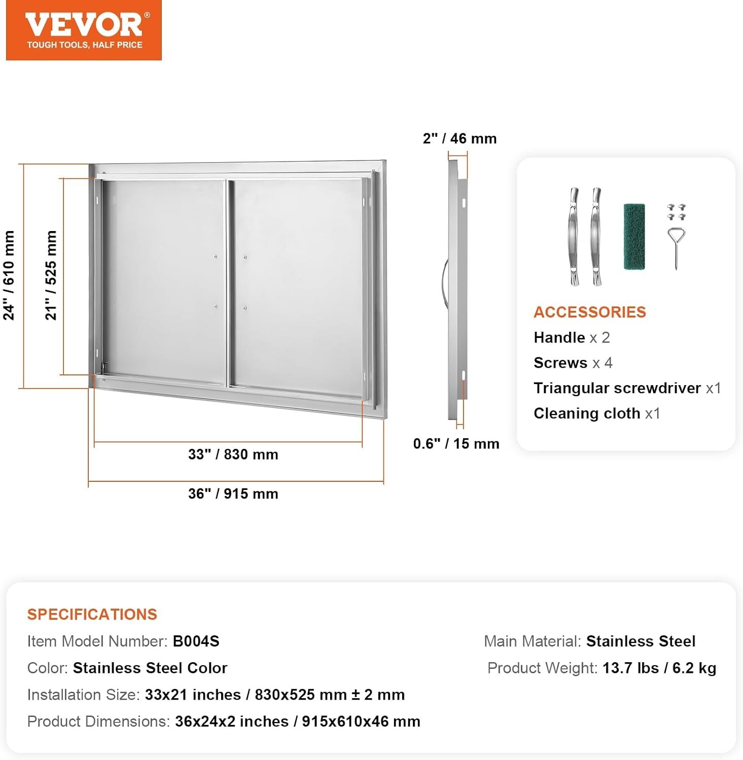 36″ x 24″ Stainless Steel BBQ Access Door – Flush Mount Outdoor Kitchen Upgrade