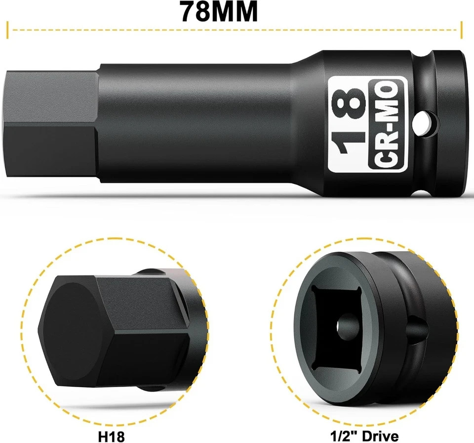 1/2-Inch Drive 18 mm Hex Impact Bit Socket, H18 Allen Metric,