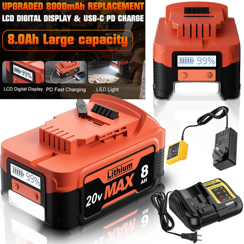 1-2Pack For DeWalt 20V 20Volt Max 8.0AH Lithium Battery DCB202-2 DCB204/Charger