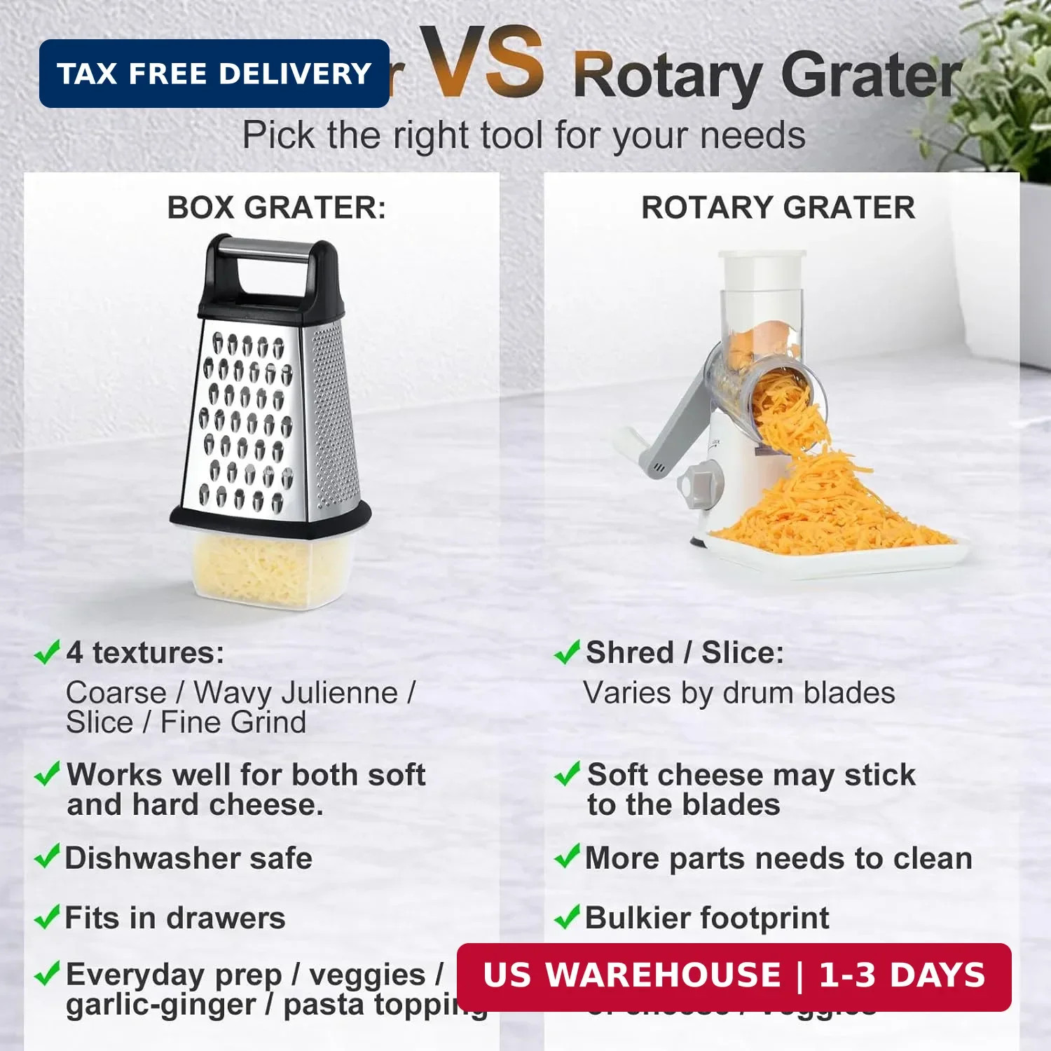 Ourokhome Cheese Grater, Handheld Box Grater with Container & Lid, 4-Sided Stain