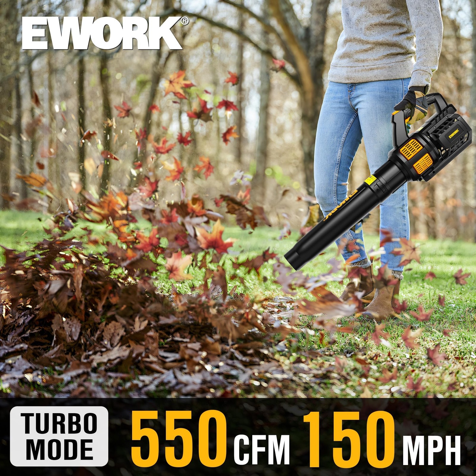 EWORK 20V Cordless Leaf Blower, 550CFM 150MPH Turbo, 2×4.0Ah Batteries & Fa