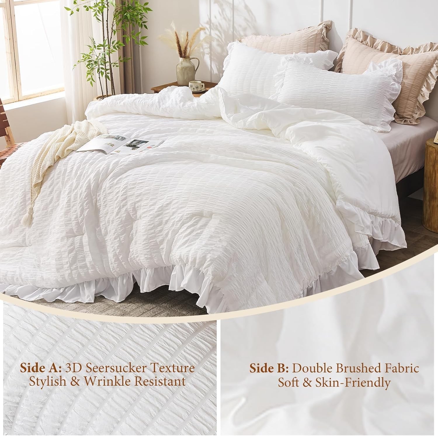 Vintage Style King Comforter Set in White – Soft Ruffle Design for All Seasons