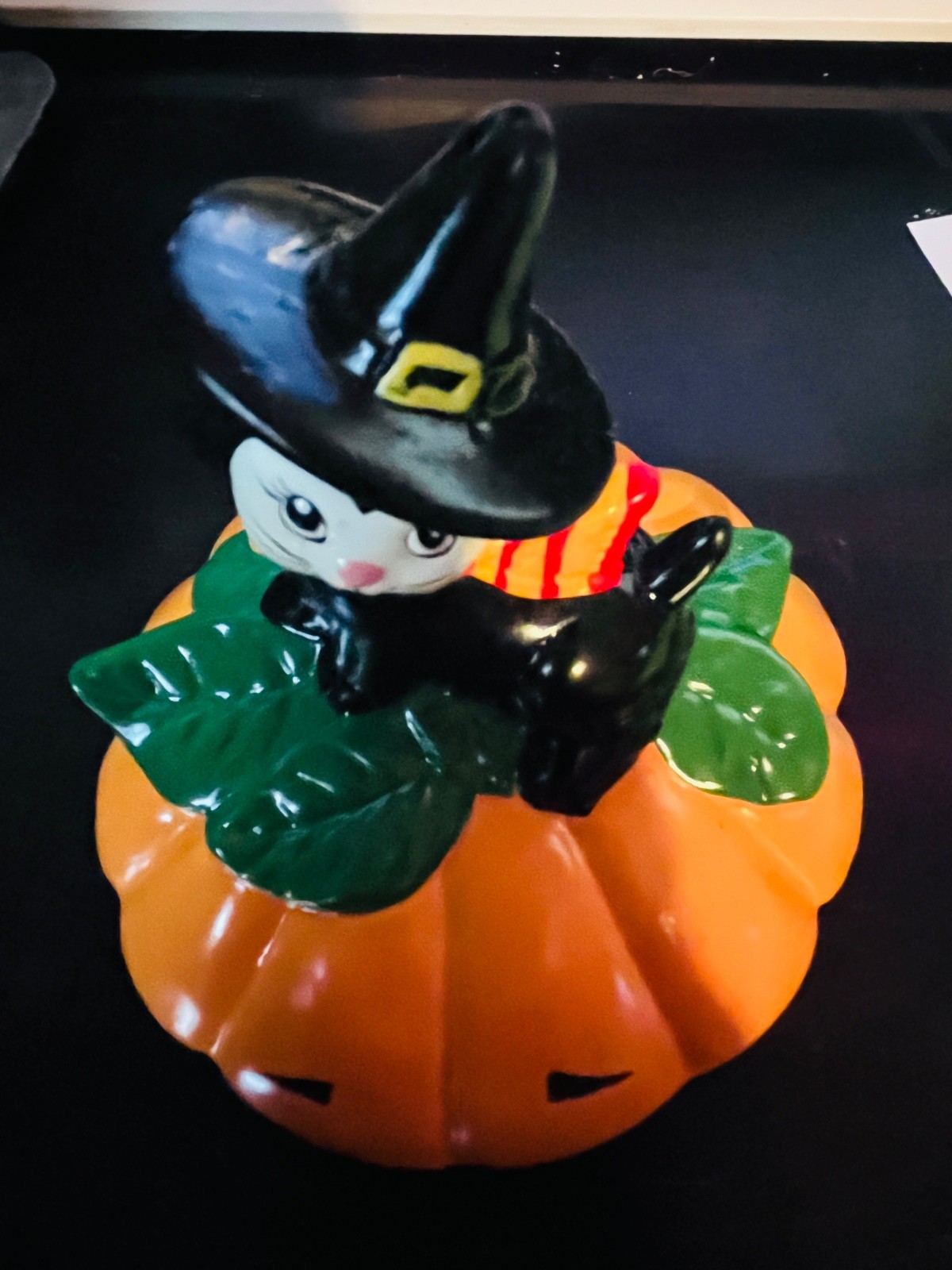 Vtg 90s Cat Witch Pumpkin Top Half Thanksgiving Halloween Decor 3.5 in x 3.5 in