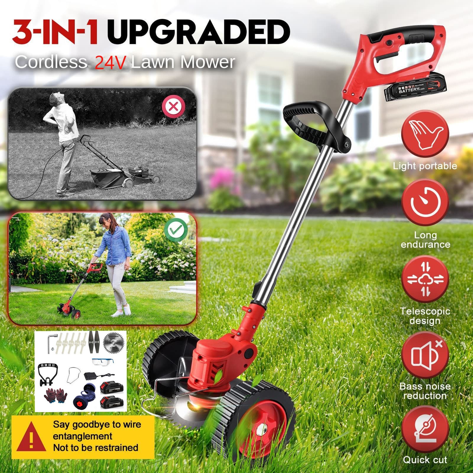 Cordless String Trimmer, Edger WeedWhacker Grass Eater Lawn Cutter 3.0ah Battery