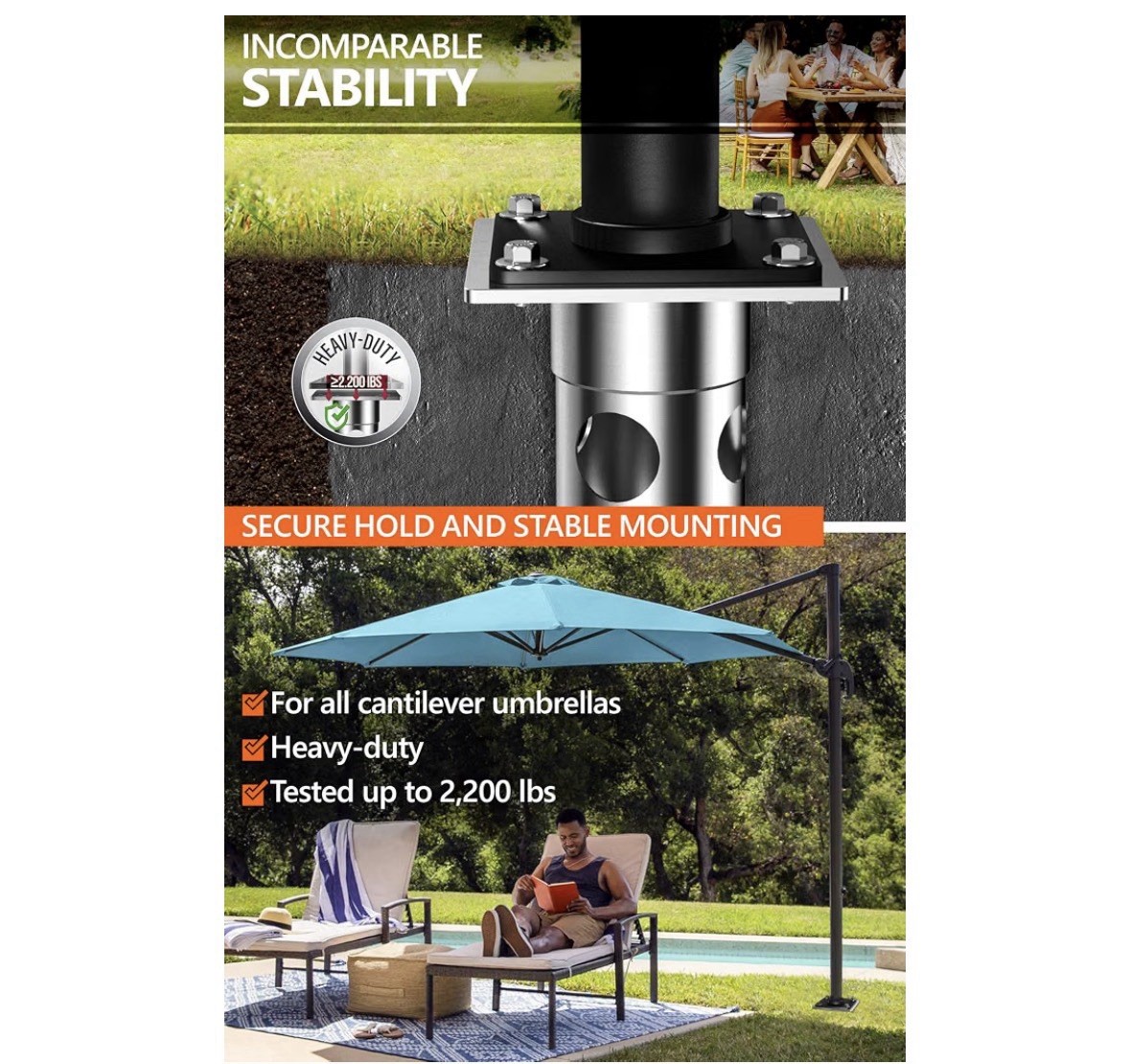 4smile In-ground Umbrella Holder Stand Stainless Steel Outdoor Base 2200lbs Load