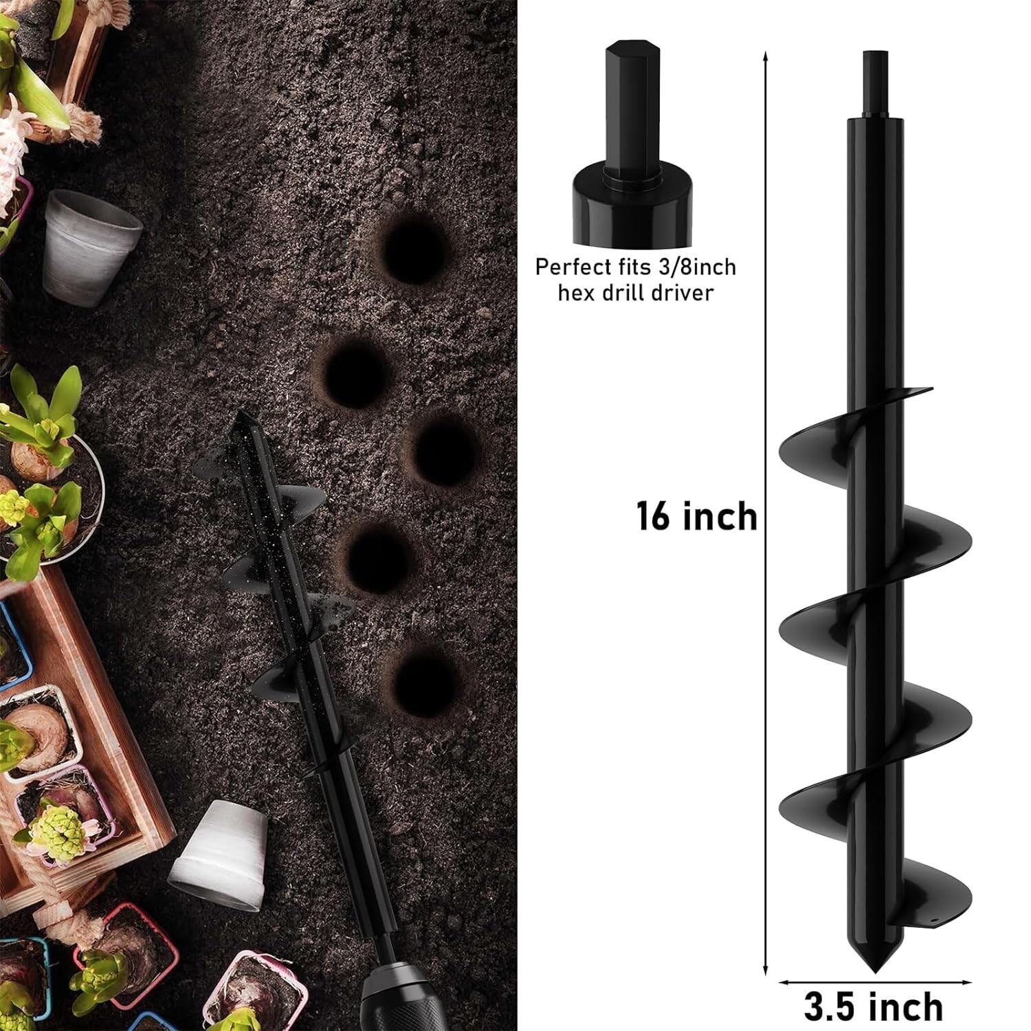Garden Auger Drill Bit for Planting Flower Bulb Hole for 3/8″Hex Drive Drill