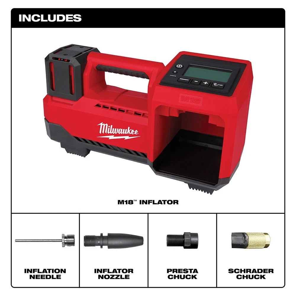 Milwaukee 18V M18 Cordless Compact Tire Inflator, On-Board Hose & Nozzle Storage