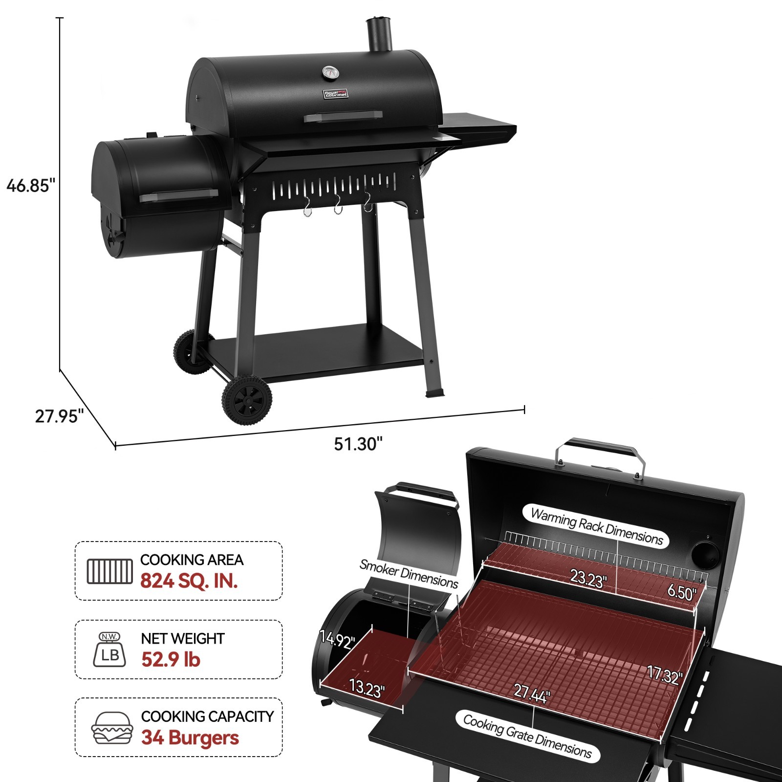 Royal Gourmet Barrel Charcoal Grill with Offset Smoker for Backyard Cooking