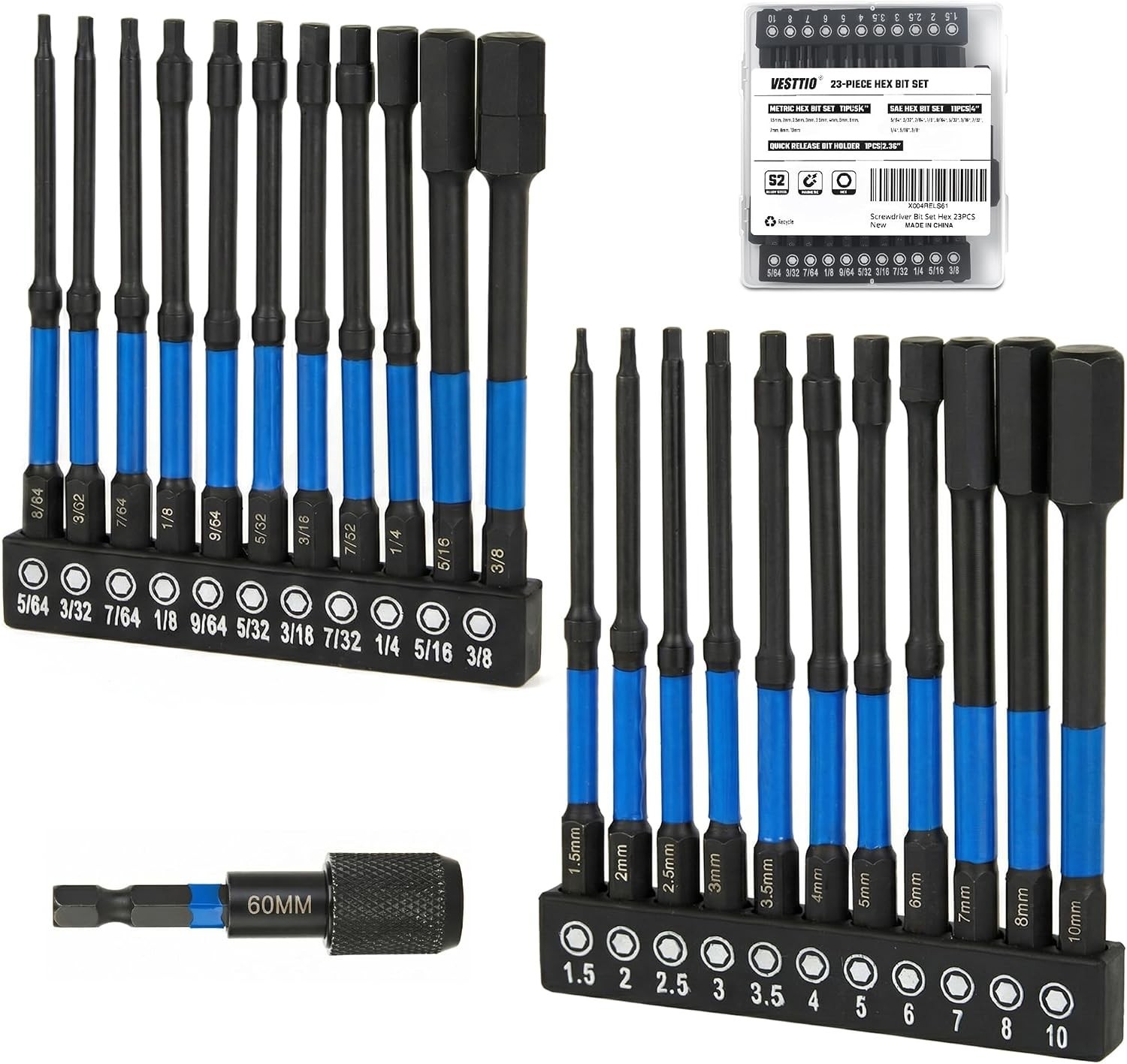 VESTTIO 23PCS 4 inch Hex Bit Set, Metric & SAE Allen Wrench Drill Bit Set, 1/4″