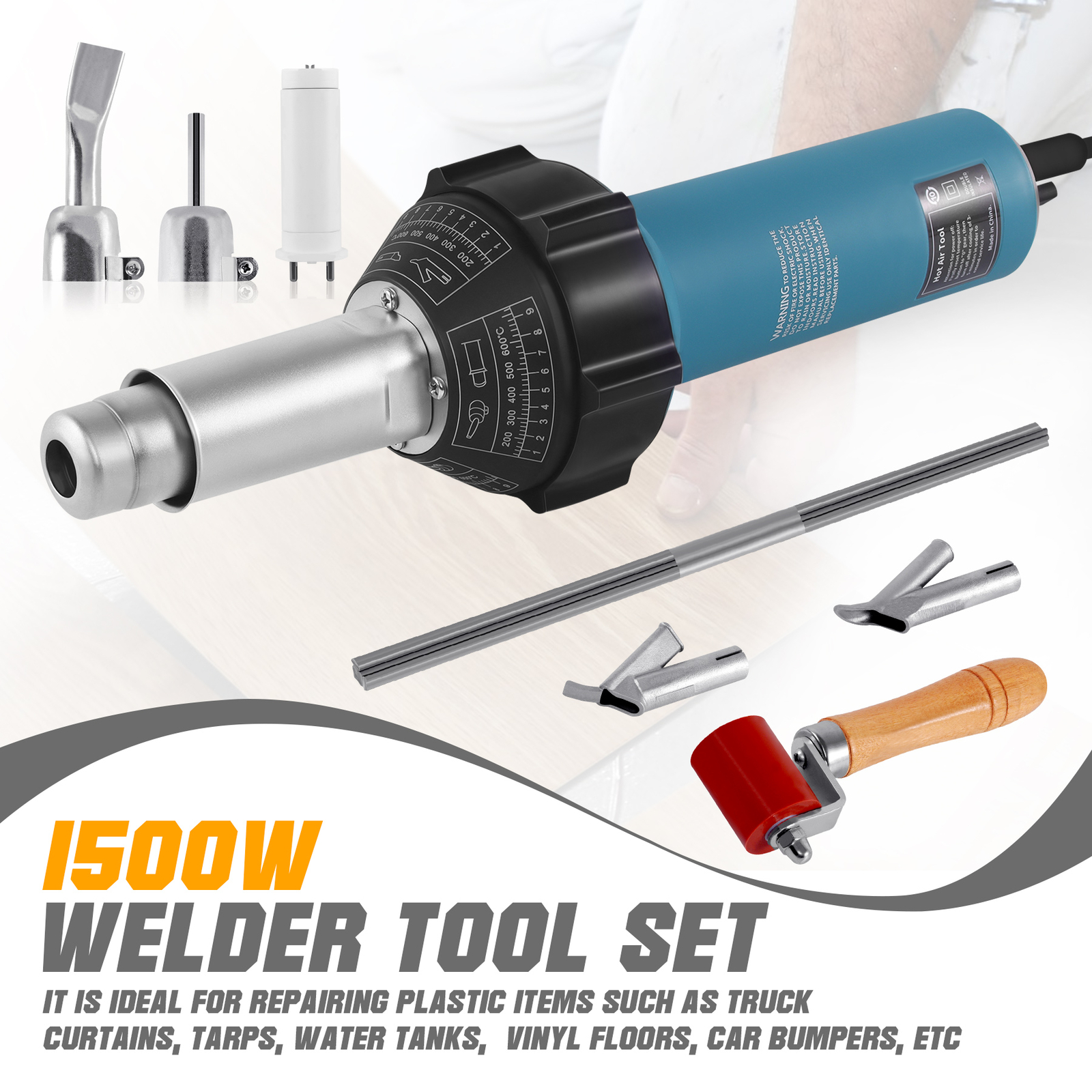 1500W Professional Hot Air Gun Heating Gun Plastic Welder Tool with Nozzles