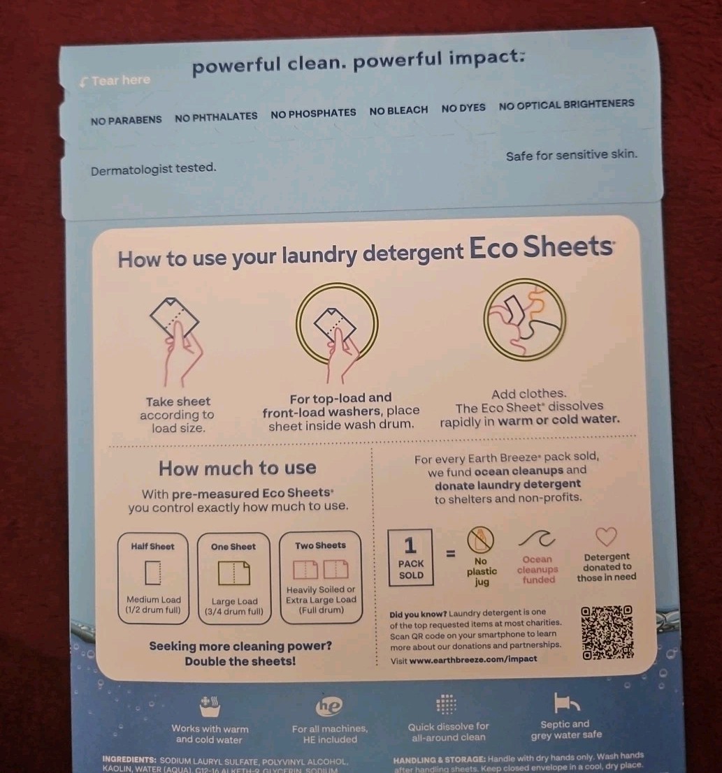 EARTH BREEZE LAUNDRY~10 Pack DETERGENT SHEETS• FRAGRANCE FREE•14 Sheets 28 Load