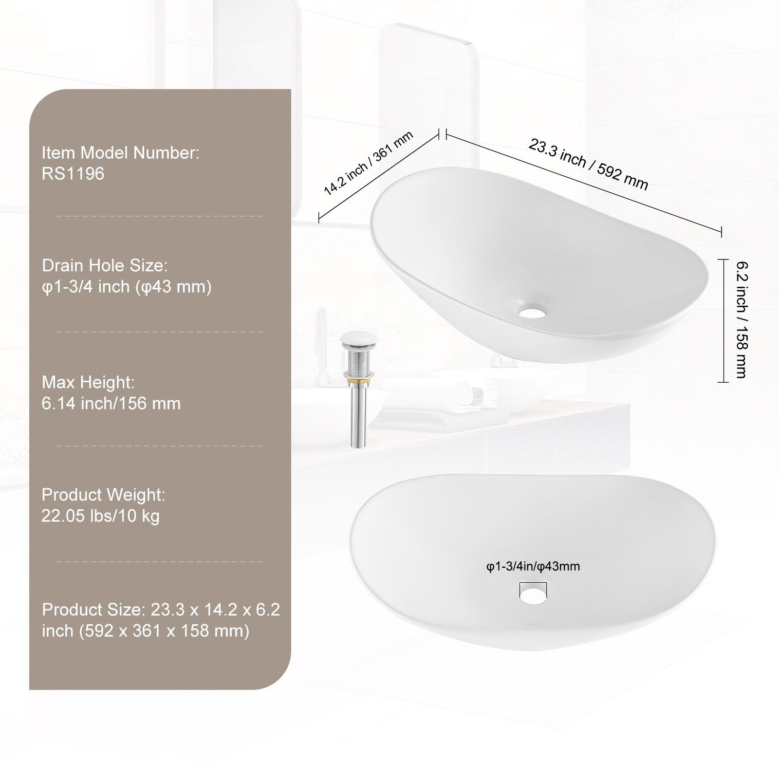 Modern Oval White Ceramic Vessel Sink 23.3×14.2in