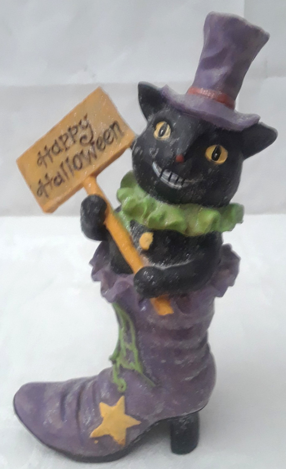Vintage Happy Halloween Sign Black Cat in a Shoe Figurine 8.5 in