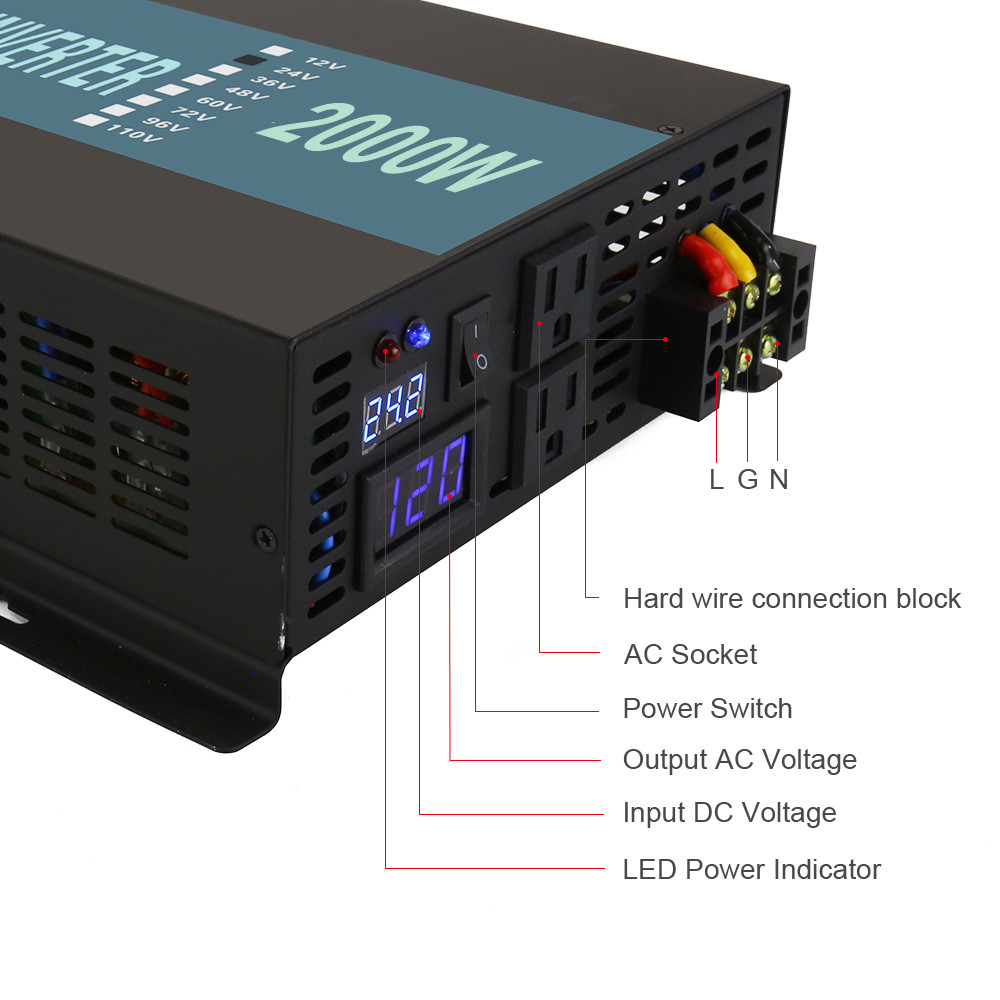 2000W Power Inverter Pure Sine Wave Inverter 12V to 120V Off Grid LED Display RV
