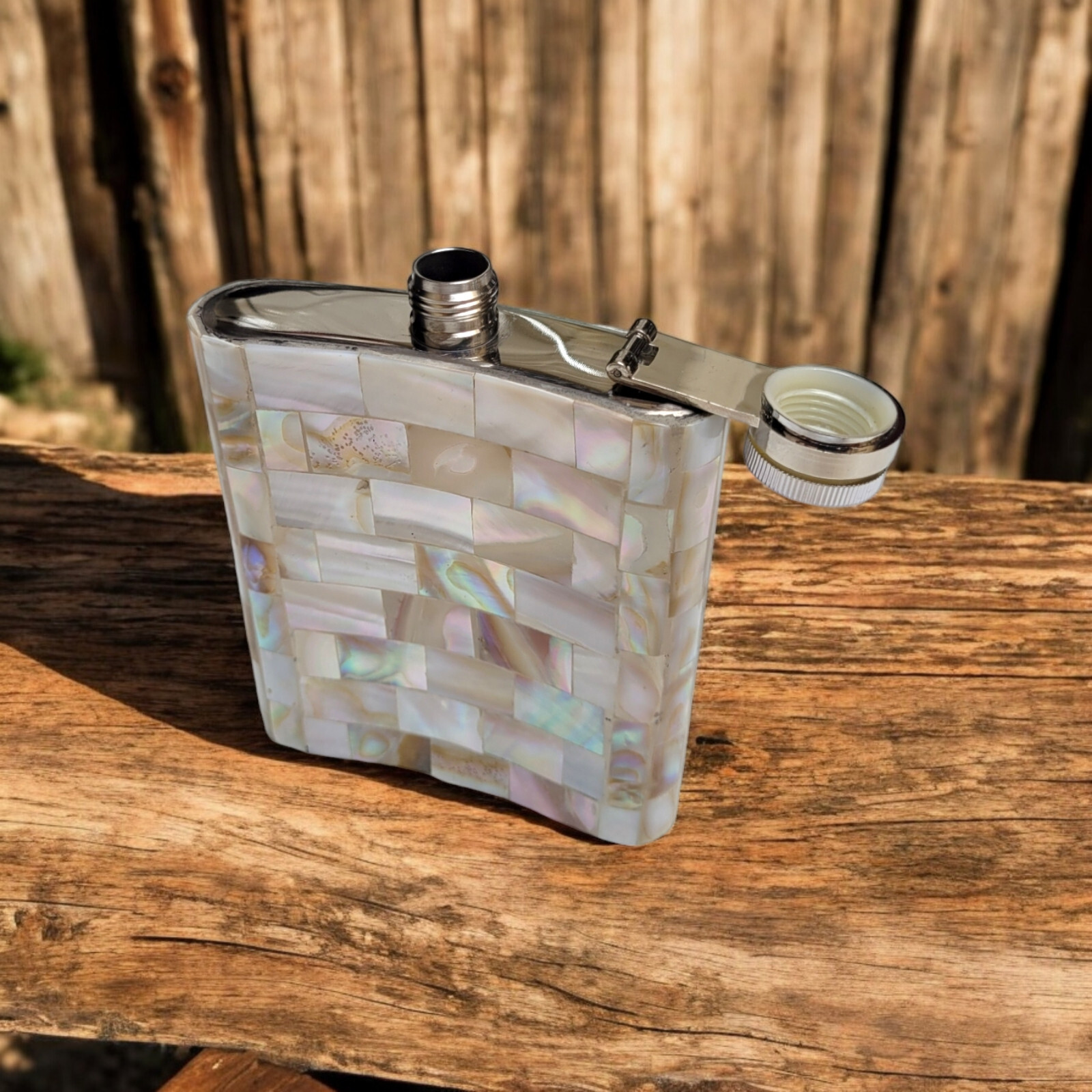 Handcrafted Mother of Pearl Pocket Wine Whisky Flask 7 Oz Stainless Steel 5”
