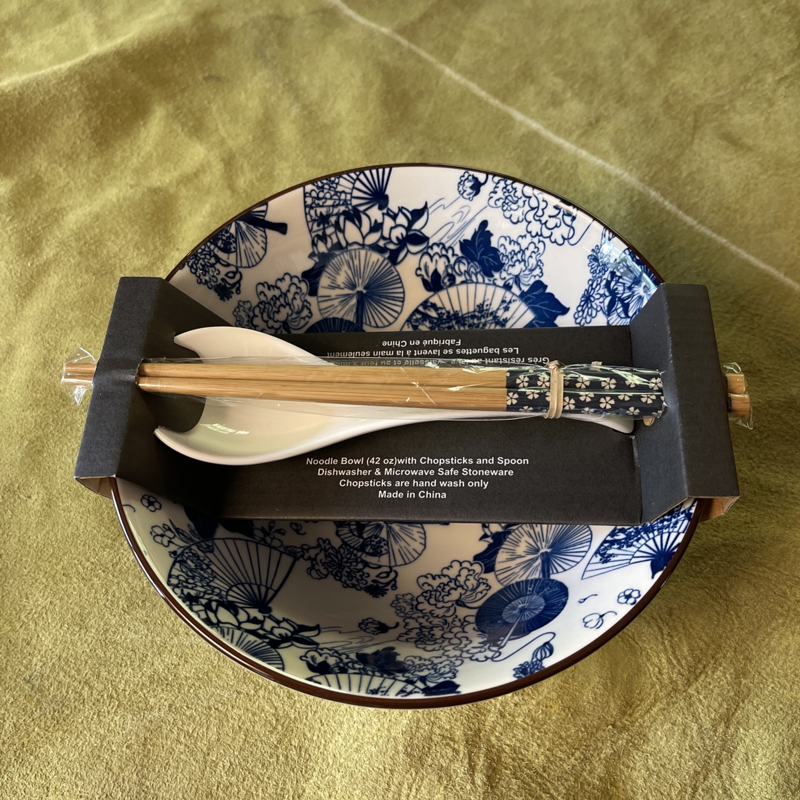 SH Home 42oz Blue Ceramic Ramen Noodle Soup Bowl Chopsticks Spoon Asian Motifs