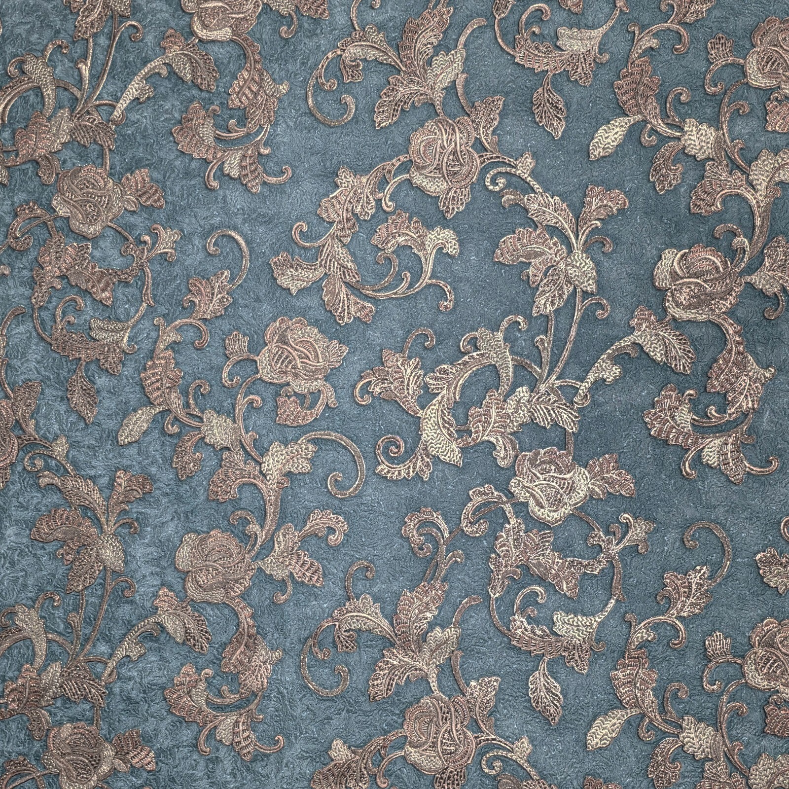 Dark Teal green blue bronze metallic plaster textured floral damask Wallpaper 3D