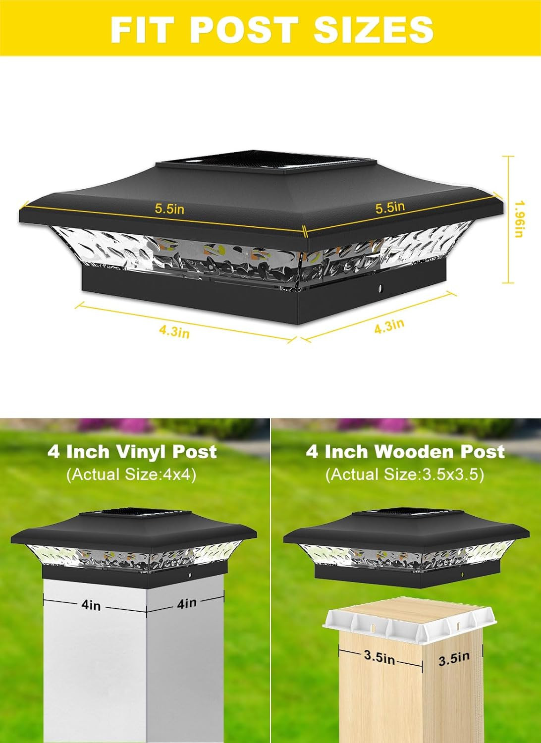 T-SUN Solar Post Cap Lights 6 Pack for 4×4 Vinyl Wooden Posts, Waterproof Outdoo