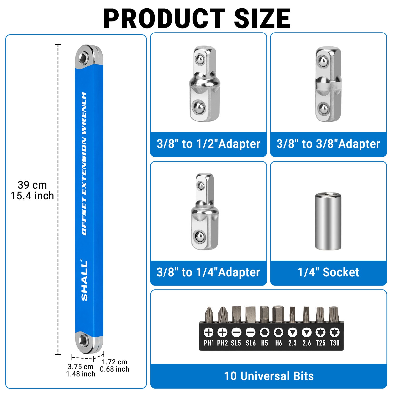 SHALL 15.4″ Offset Extension Wrench, ,with 1/2″,1/4″ ,3/8″ Square Drive adapters