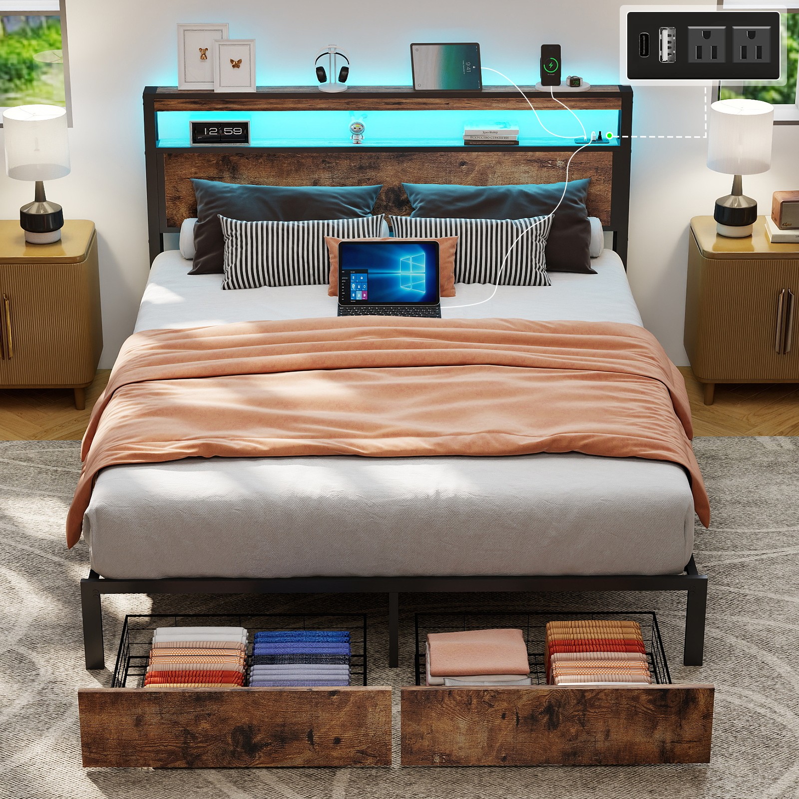 Queen Full Size Bed Frame with Storage Headboard &Charging Station＆ LED Lights