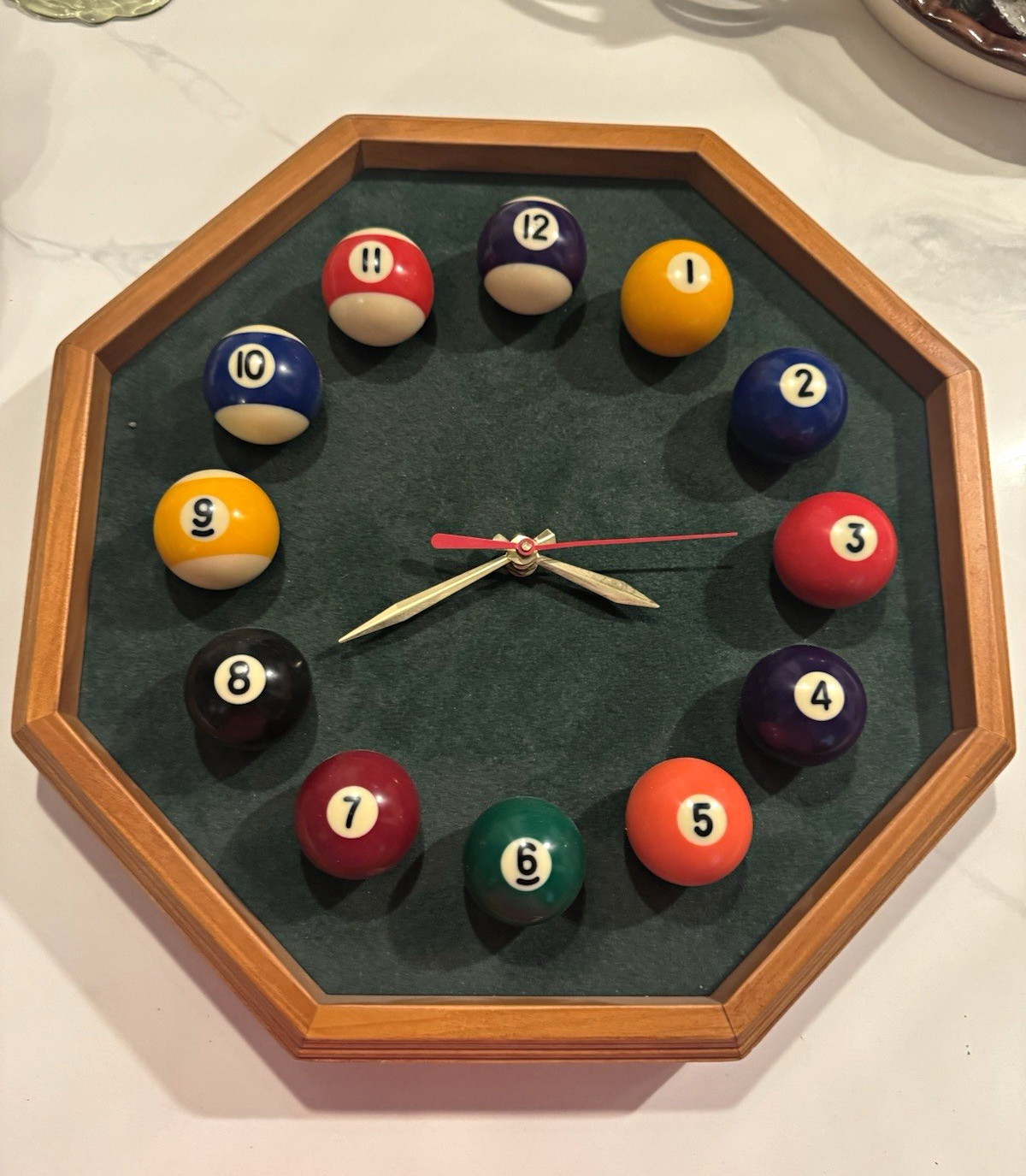 Octagon Billiards Wood Wall Clock Green Felt Face Analog Arabic Battery Operated