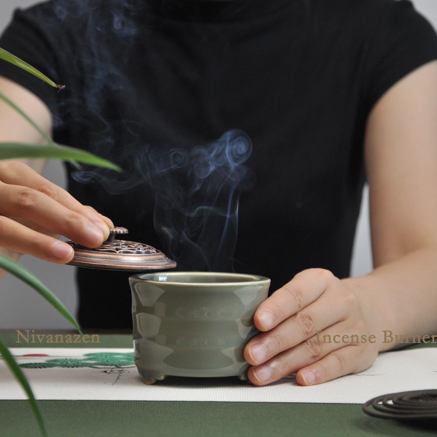 Incense Burner Ceramic Green Cone Coil Powder Holder Lid Ash Catcher 3.12in