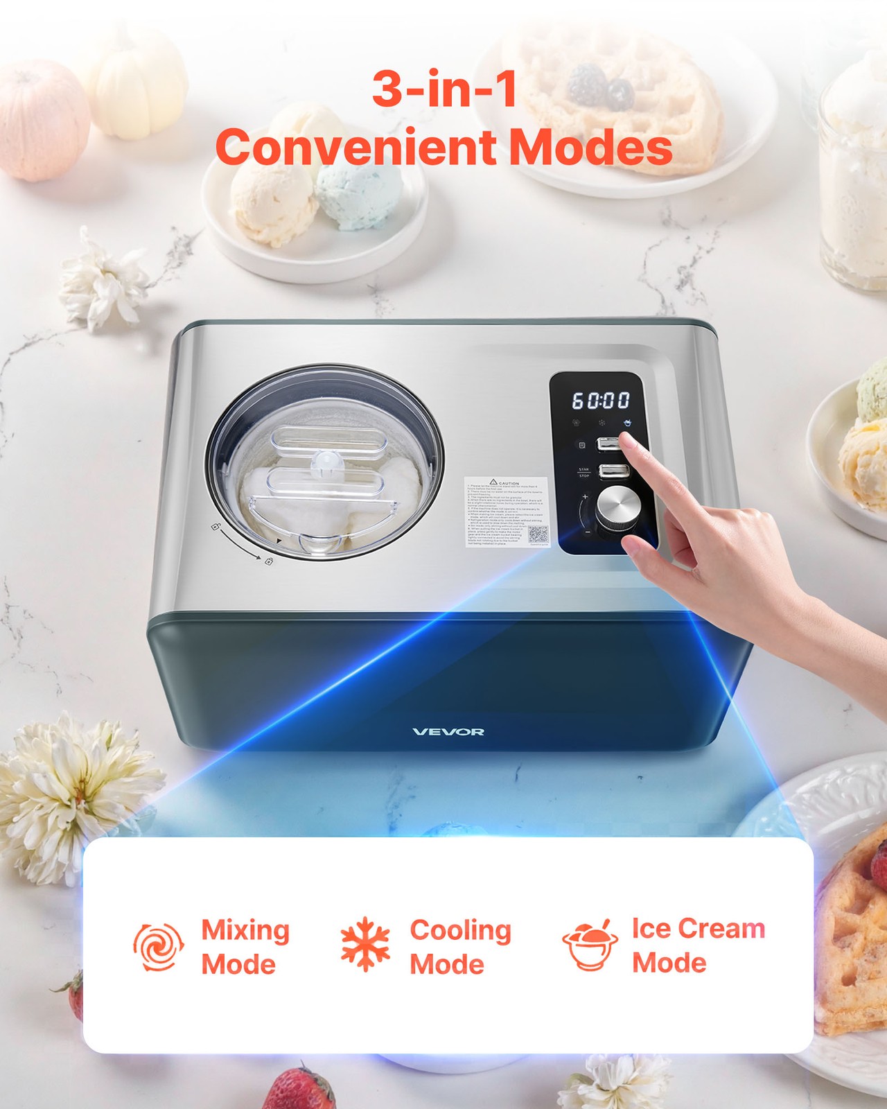 VEVOR 1.5 QT Automatic Ice Cream Maker with Built-in Compressor No Pre-freezing