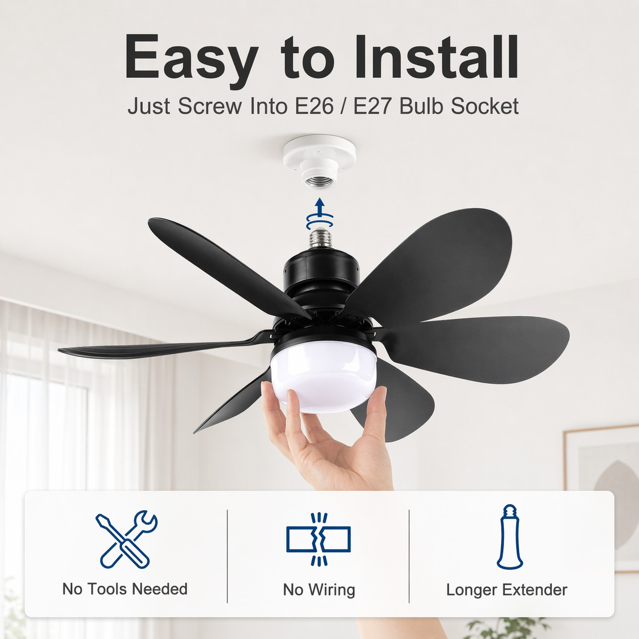 20 in Socket Ceiling Fan with Light Remote, E27 Screw In 40W Small Room Fan
