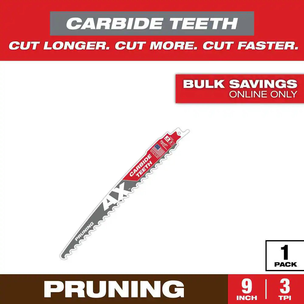9 In. 3 TPI Pruning Carbide Teeth Wood Cutting SAWZALL Reciprocating Saw Blade (