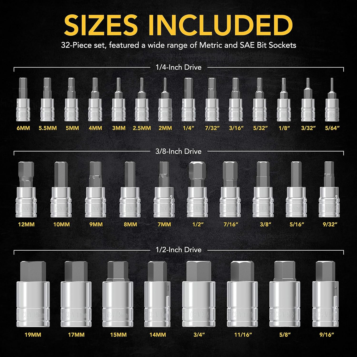 Master HEX Bit Socket Set, Premium S2 Alloy Steel | Complete 32-Piece, (LX-144)
