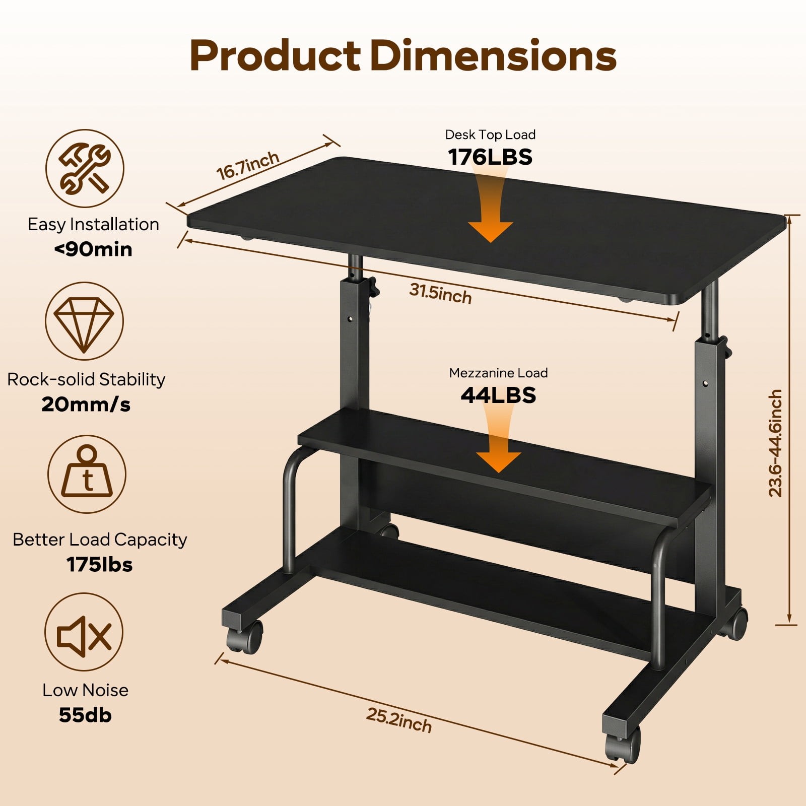 Black Height Adjustable Rolling Standing DeskSmall Space Home Office Study Table