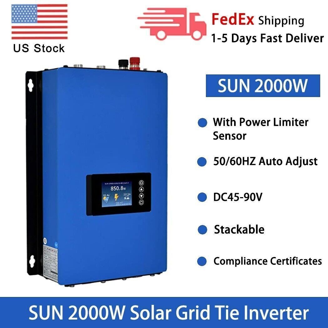 2000W Solar Grid Tie Inverter w/Limiter MPPT Pure Sine Wave DC45-90V fit for USA
