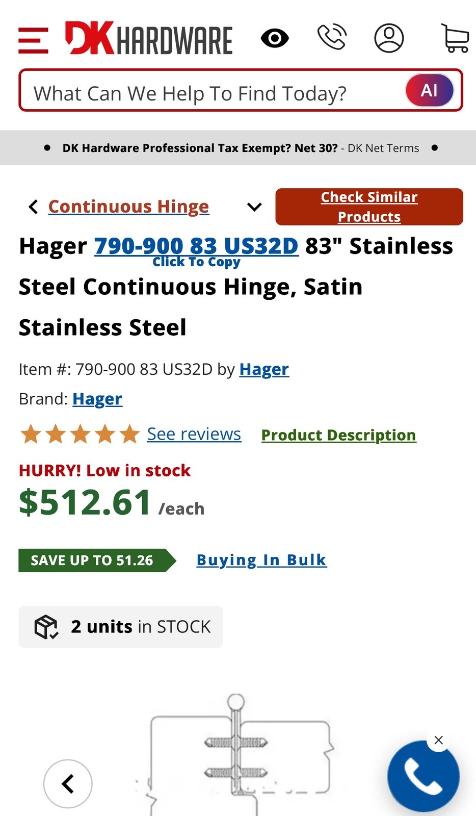 Hager 790-900 83″ Stainless Steel Continuous Hinge 32D