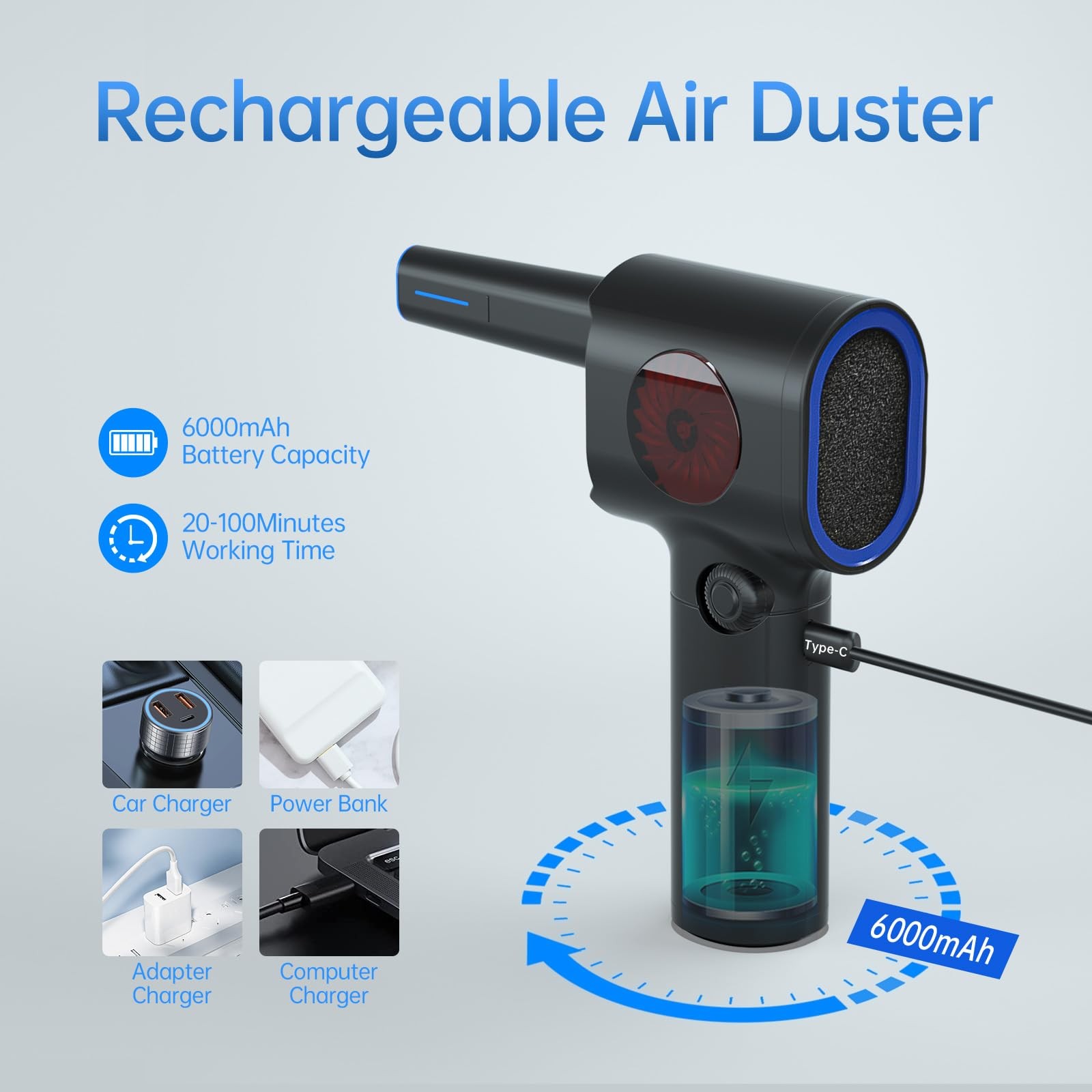 ATEngeus Compressed Air Duster, Stepless Speed Electric Duster with Black