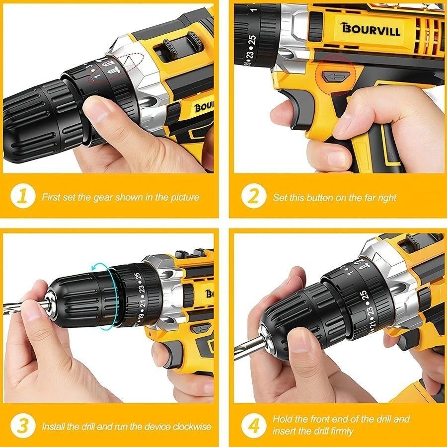 BOURVILL 21V Cordless Impact Drill Set, Wireless Drill Set, Household Power Tool