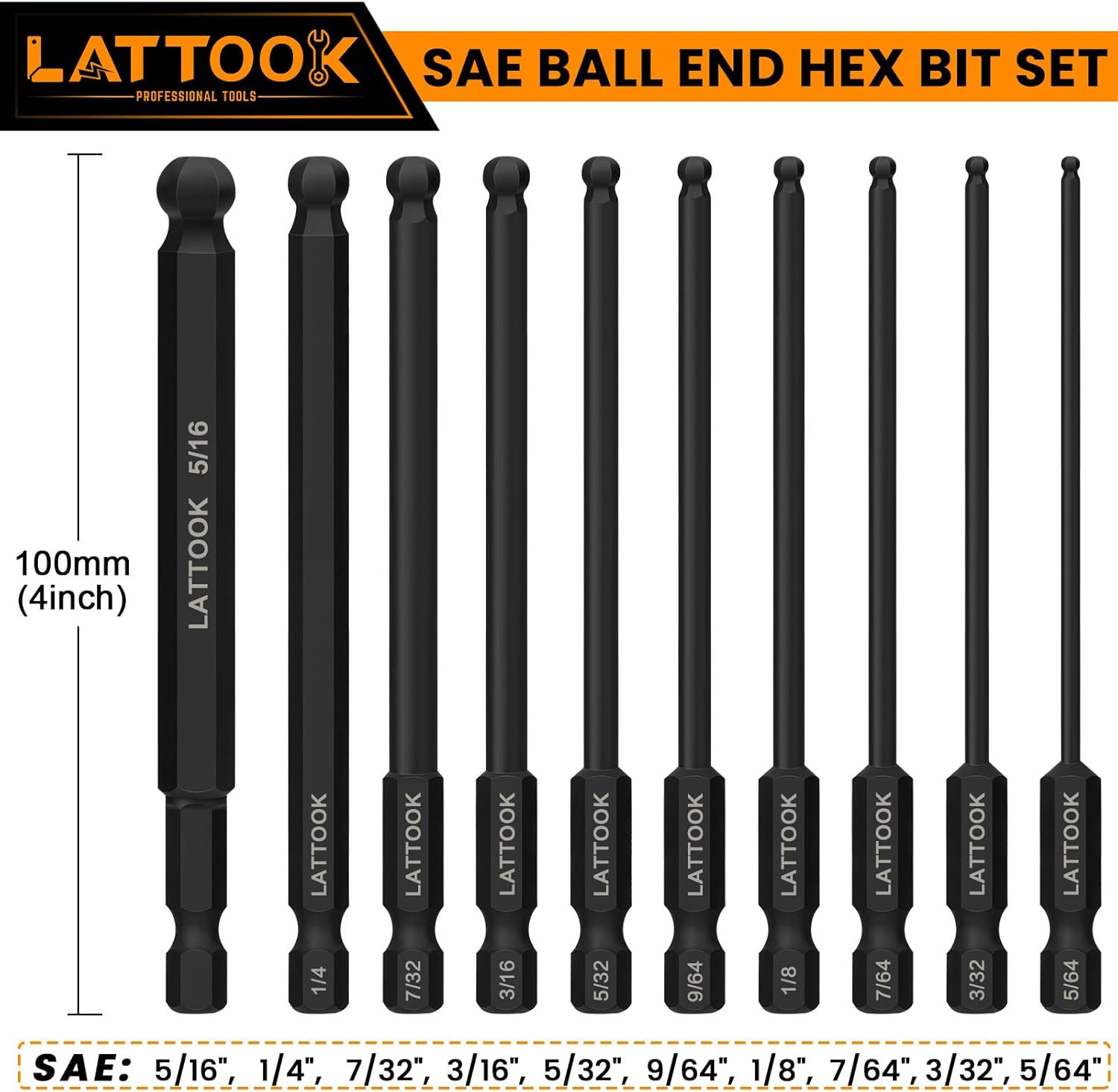 Ball End Hex Head Allen Drill Bit Set, 10PCS SAE 5/16” to 5/64” Ball End Hex B